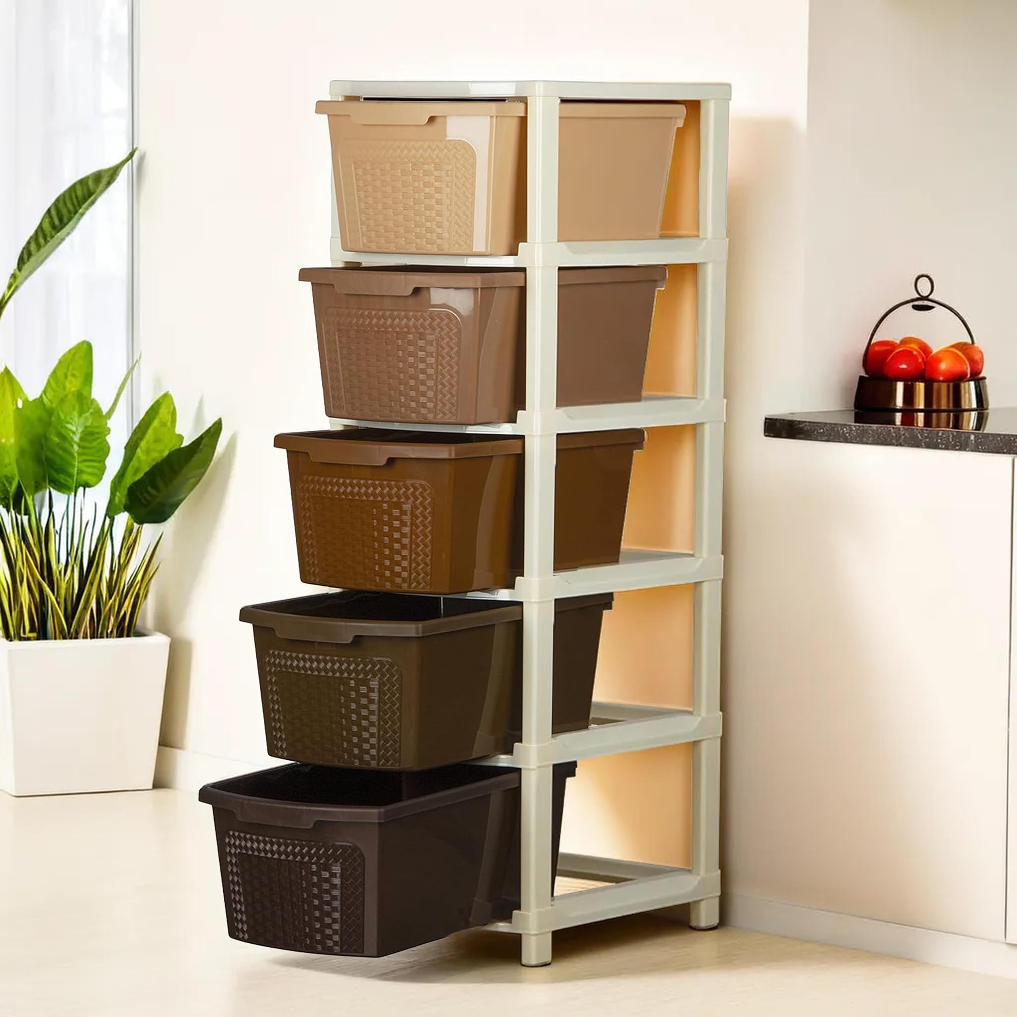 Kuber Industries 5-Layer & 92 Ltr Plastic Drawer Storage Organiser | Modular Kitchen Cabinet & Toy Organizer For Kids Room | Brown & White-image-29