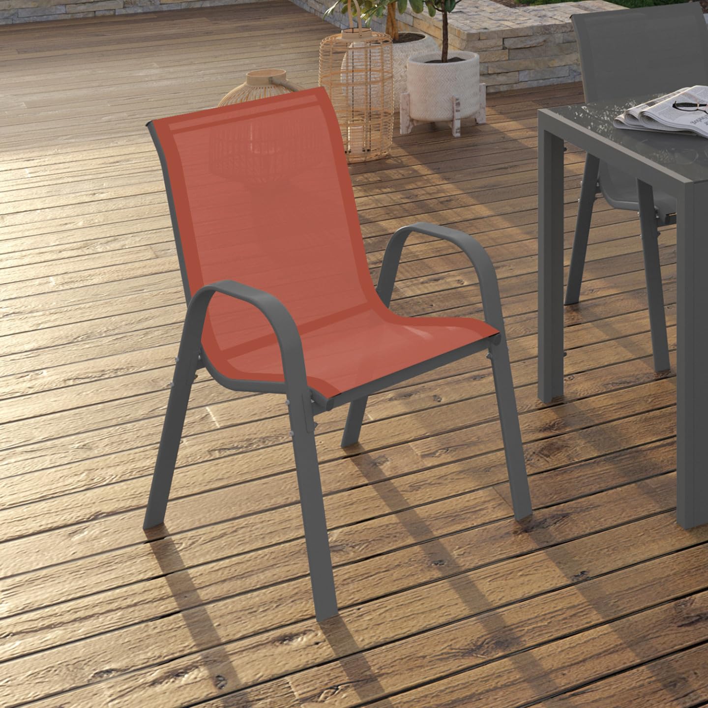IDMarket - Lot de 6 chaises de Jardin LYMA métal et textilène empilables Gris Noir et Terracotta