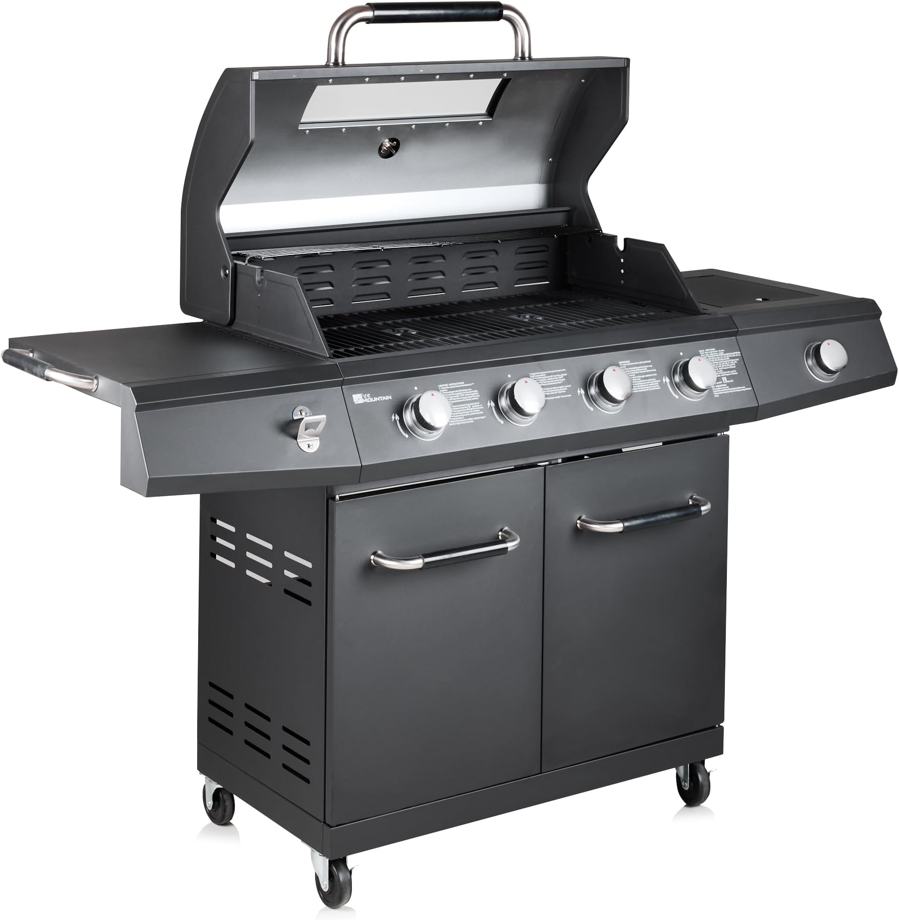 Fire Mountain Everest Pro 5 Burner Gas BBQ with Side Burner, Glass Lid Viewing Window, Cast Iron Grills, LED Control Dials & Built-In Thermometer, Large Family Cooking Area
