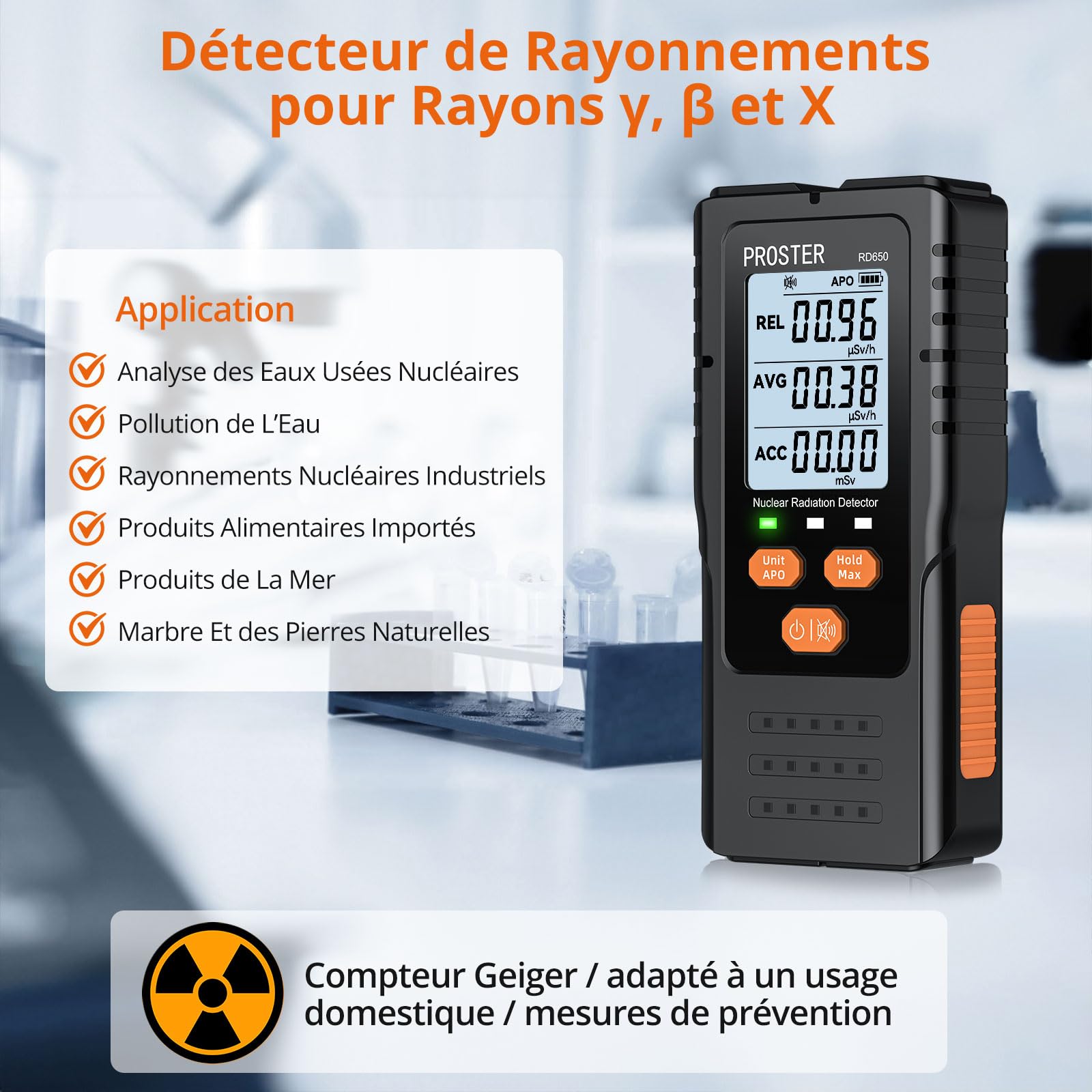 Proster Compteur Geiger Portable – Détecteur de rayons X, Gamma, Bêta avec Alarmes Sonore/Lumineuse, Écran Couleur HD 2.4", Dosimètre 0.00~9999µSv/h pour Maison, Laboratoire, Tests Environnementaux
