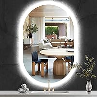 Vista 10 de Espejo retroiluminado ovalado de 32 x 24 pulgadas, brillo ajustable de 3 colores, retroiluminado, espejo de tocador ovalado iluminado para pared