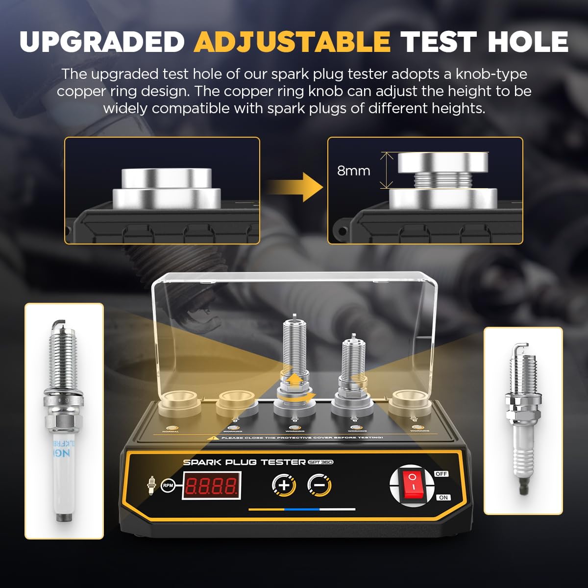 Spark Plug Tester Automotive Upgraded 5-Hole Height Adjustable Engine Ignition Coil Tester 200-9000rpm Working Frequency 12V Car Spark Plugs Gap Tool with Digital Display & Indicator Spark Tester