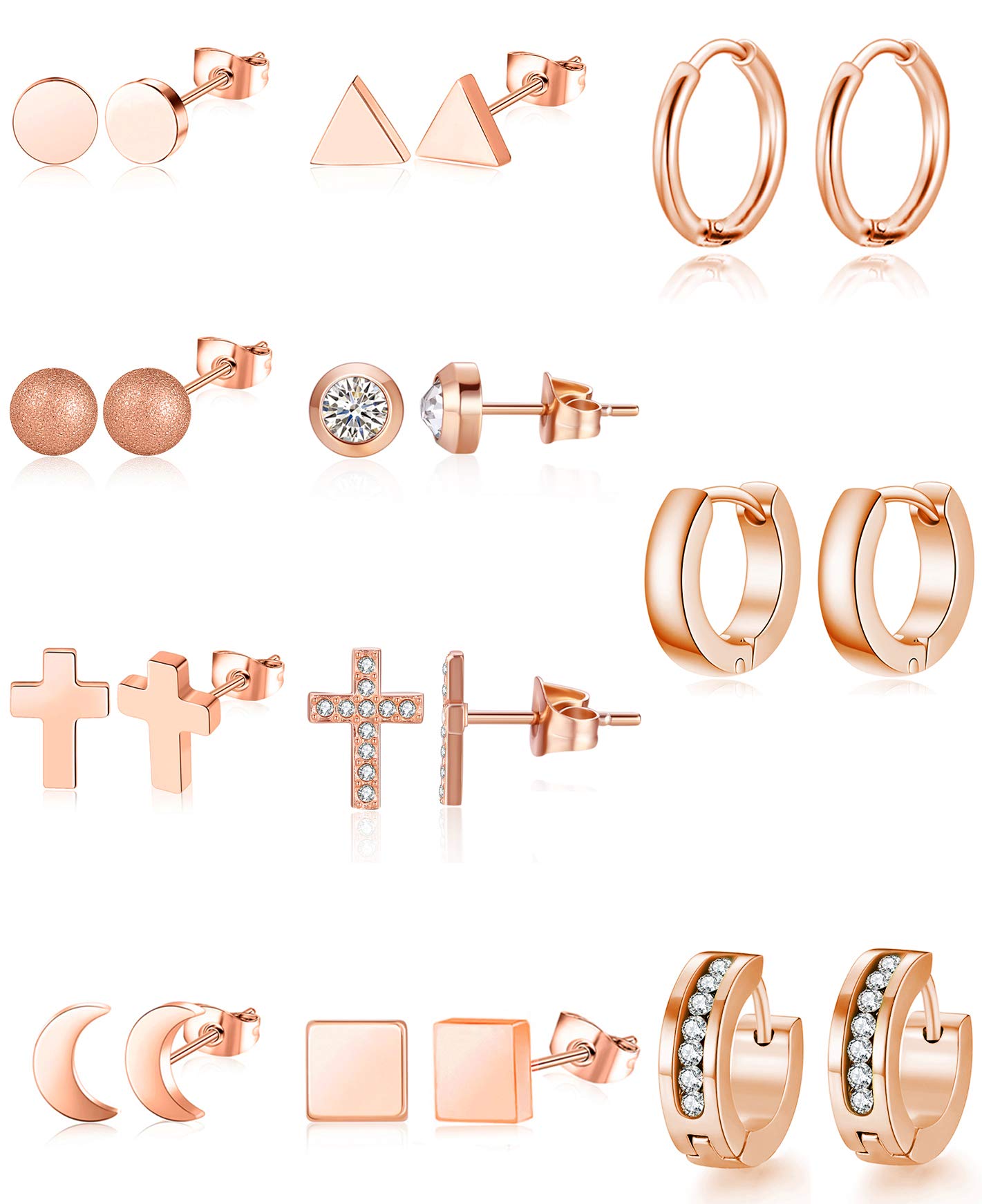 Ofeiyaa11 Pairs Stainless Steel Stud Earrings Huggie Hoop Earrings CZ Inlaid Geometric Earrings Set Moon Cross Ball Triangle Clear CZ Stud for Womens Silver Rose Gold Tone