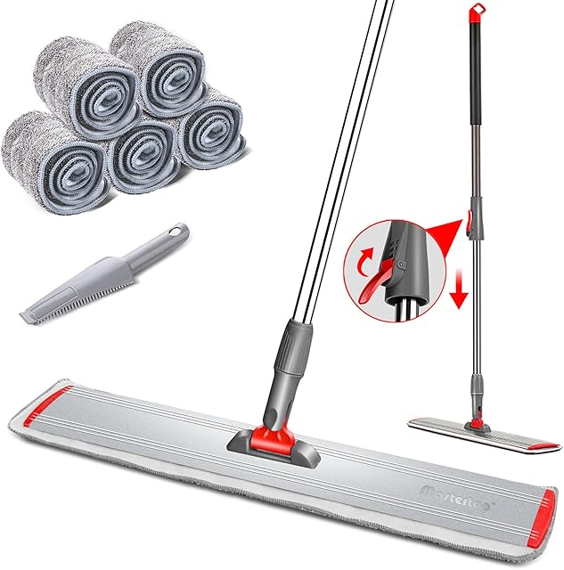 MASTERTOP Microfiber Floor Mop, 60cm Large Flat Mop with Aluminum Plate and 5 Washable Microfiber Pads, Commercial Dust Mop for Hardwood Laminate Tile Floor Cleaning