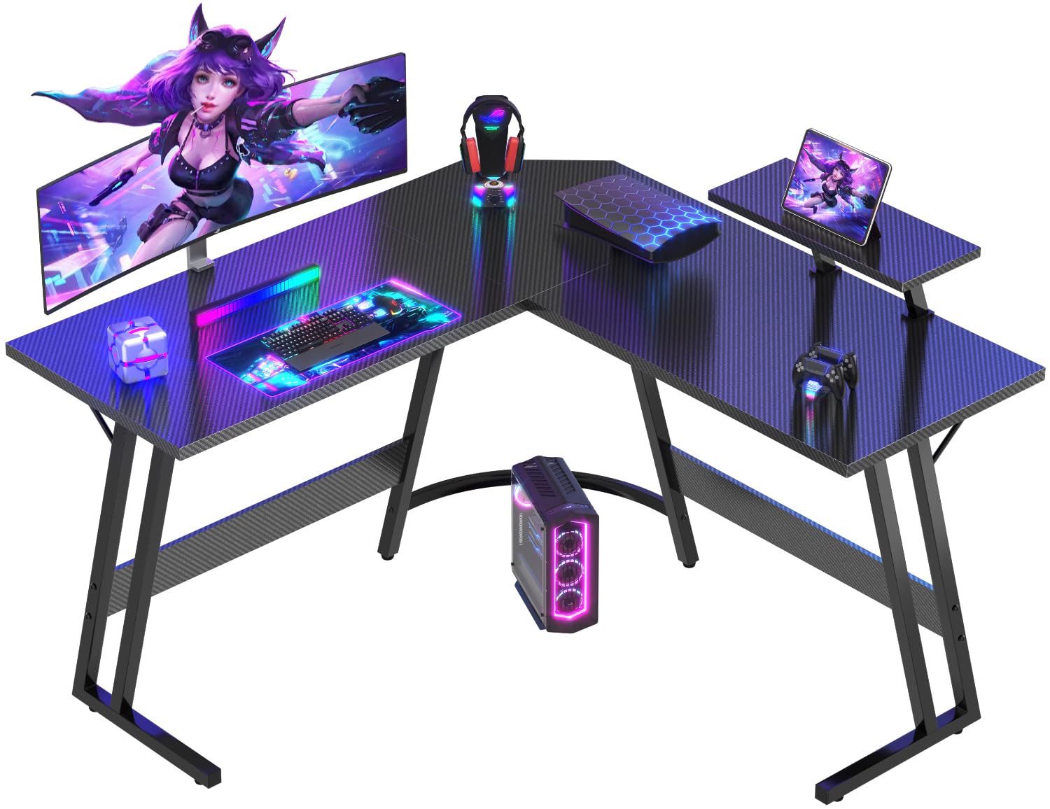 Devoko L Shaped Gaming Desk Corner Gaming Desks 120x120x75cm Computer Gaming Desk Large PC Writing Table for Home and Office,Carbon Fibre Black