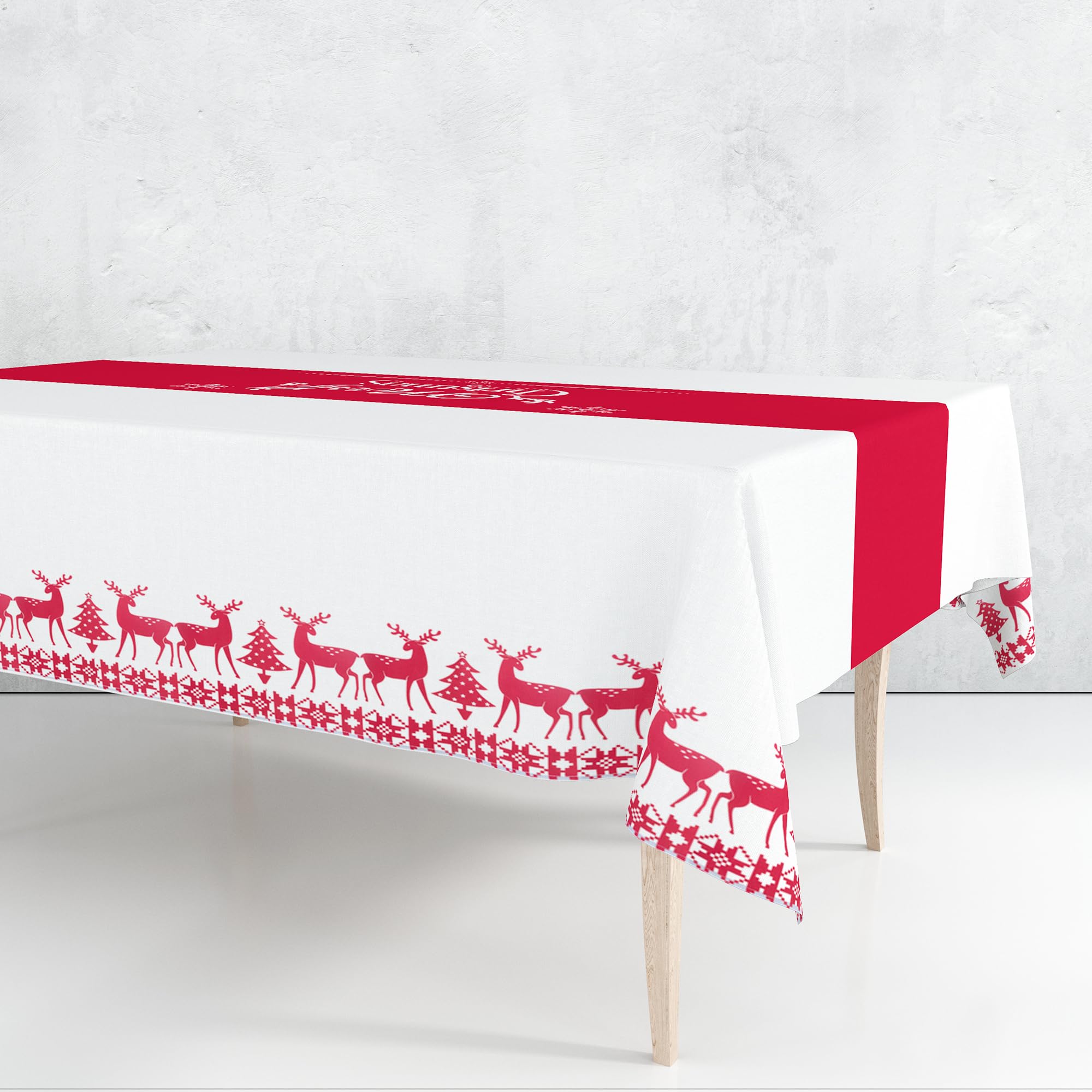 WedDecor Mantel navideño de renos rojos y blancos, 90 x 140 cm, rectangular, de poliéster, para fiestas de invierno y vacaciones, decoración de Navidad y decoración de mesa para el hogar