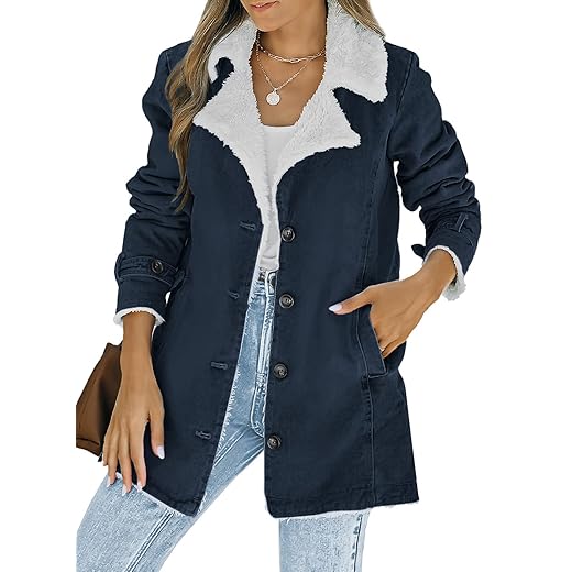 Dokotoo Womens Winter Warm Jean Jacket Stand Collar Wool Liner Sherpa Denim Coats Thicker Outerwear with Pockets
