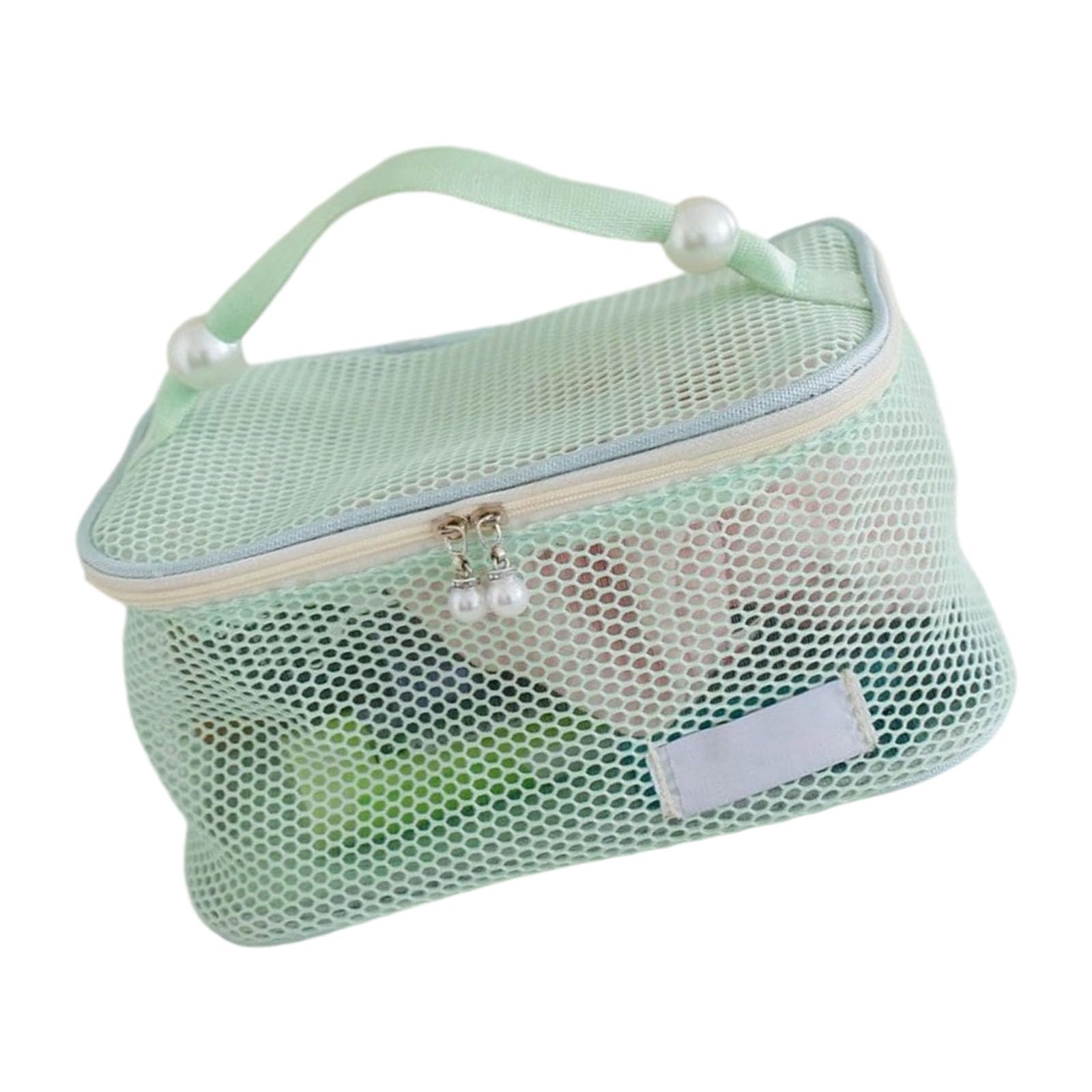 Jazuaiao Green Stylish Pearls Zippers Cosmetic Storage Toted Meshes Compartments For Skincare Makeup Brushes Travel Accessories Breathable Meshes Nylon Toiletry Bag