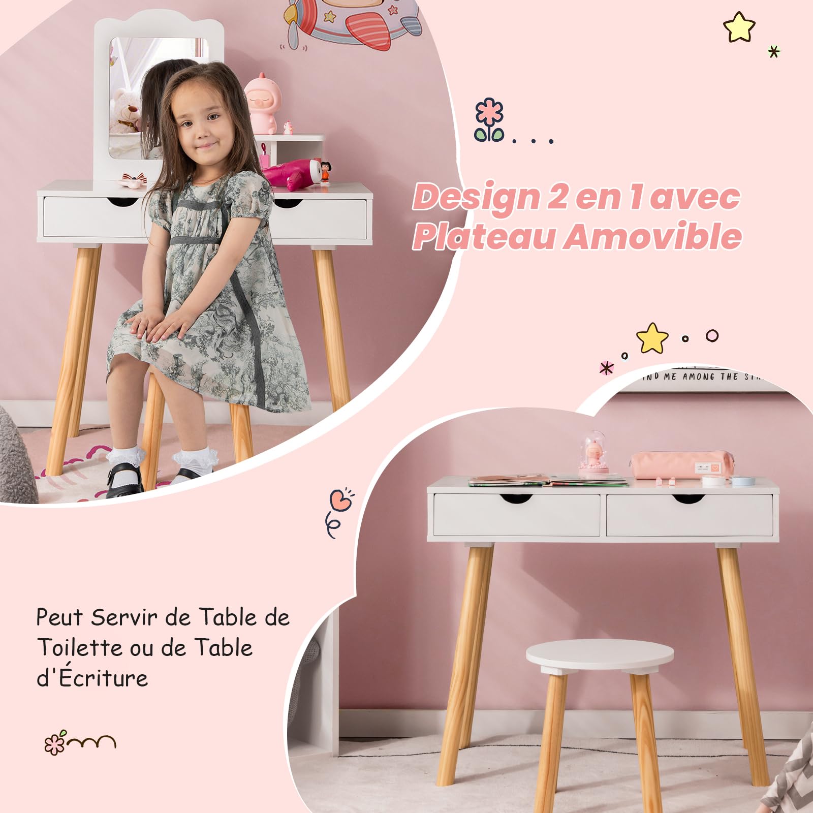 COSTWAY 2 en 1 Coiffeuse Enfant avec Miroir Rectangulaire Amovible & Tabouret Mignon, Table de Maquillage Princesse avec 2 Grands Tiroirs & Étagère, Charge 20/40kg pour Enfants de 3-7 Ans