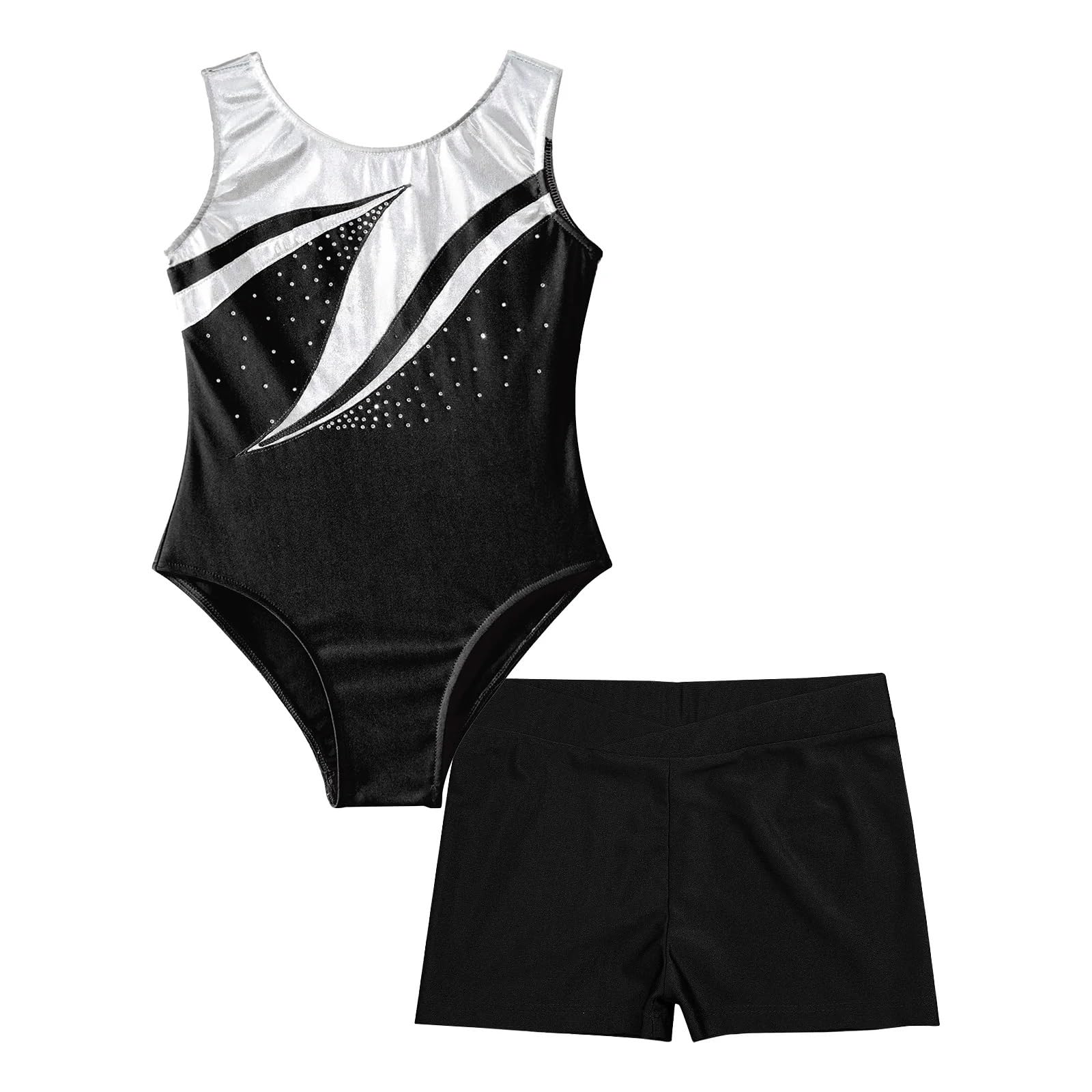 Maillot Gimnasia Ritmica Leotardo de gimnasia con diamantes de imitación brillantes for niñas y niños con pantalones cortos, mono de actuación de entrenamiento de Yoga y patinaje de Ballet(Black,14)