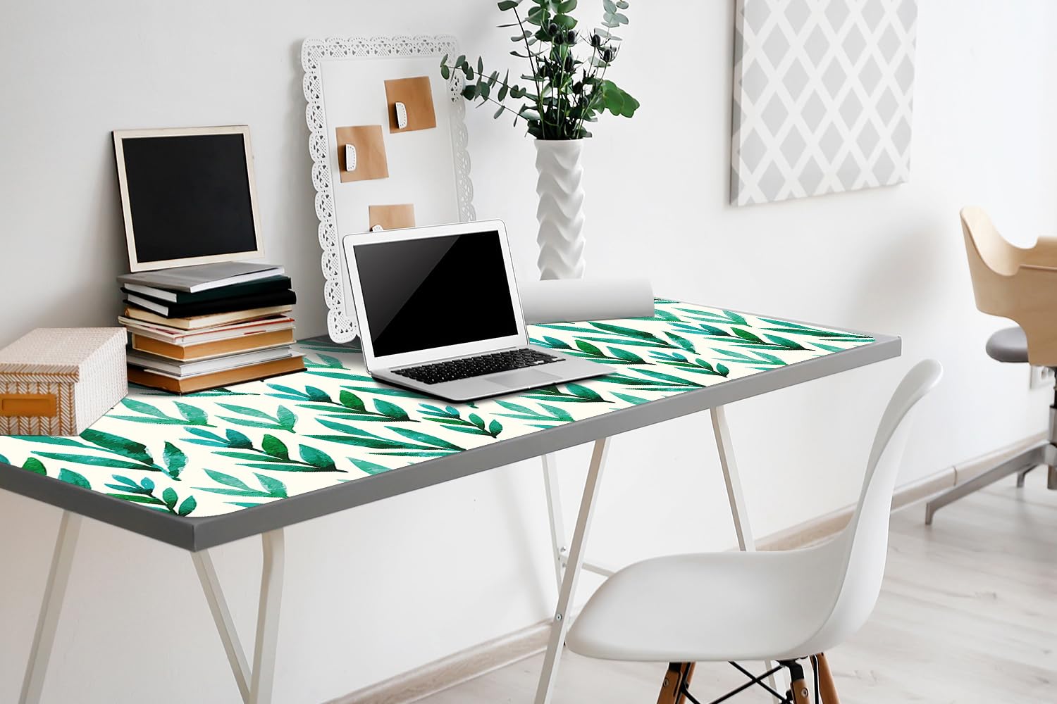 Sottomano per Tastiera 100x50 cm Superficie Protettiva Impermeabile per Ufficio e Casa Antiscivolo Protezione e Decorazione in Vinile PVC Facile da Pulire - Foglie verdi