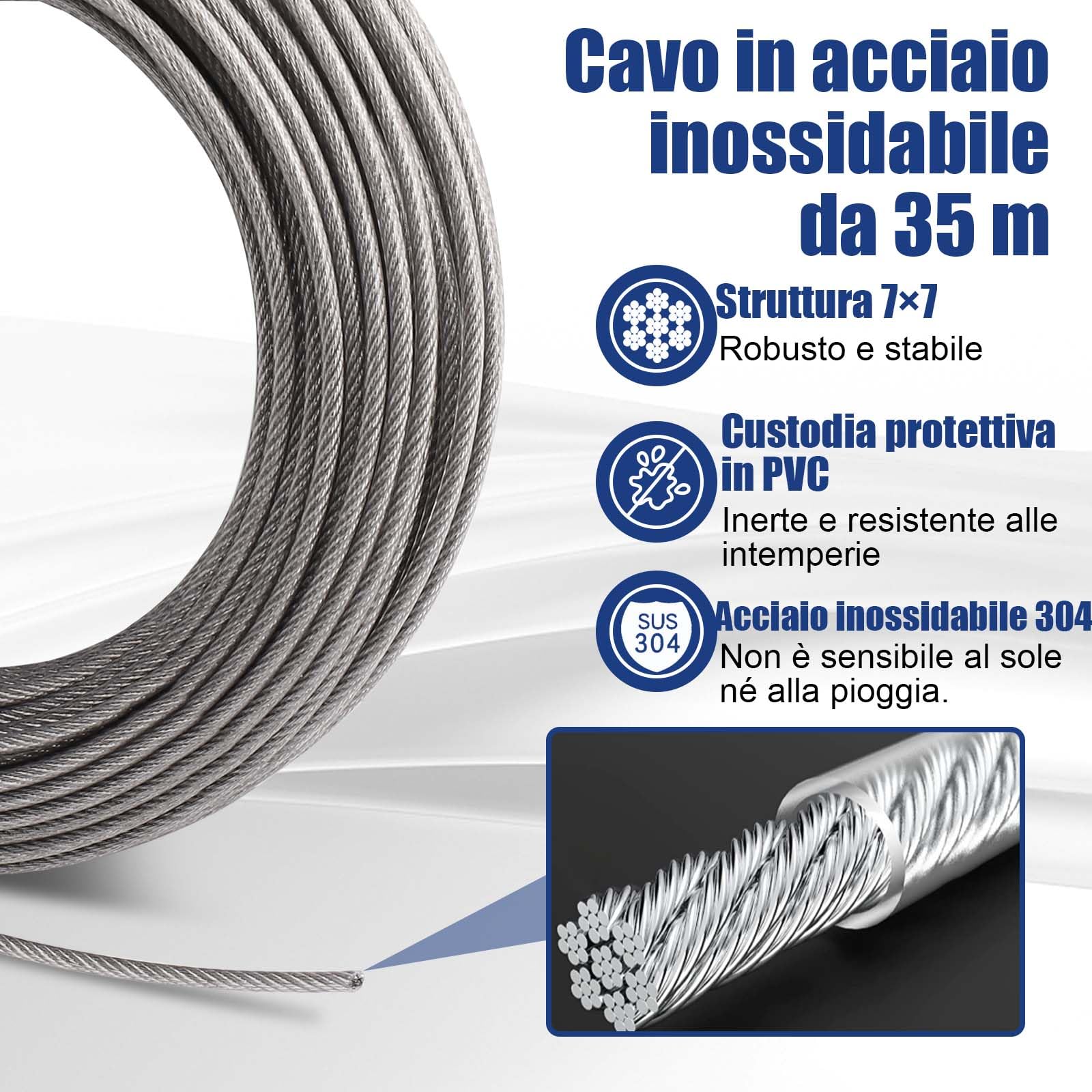 Angooni Set di 74 corde in acciaio inox, 35 m, 3 mm, per piante rampicanti, tende, recinzioni