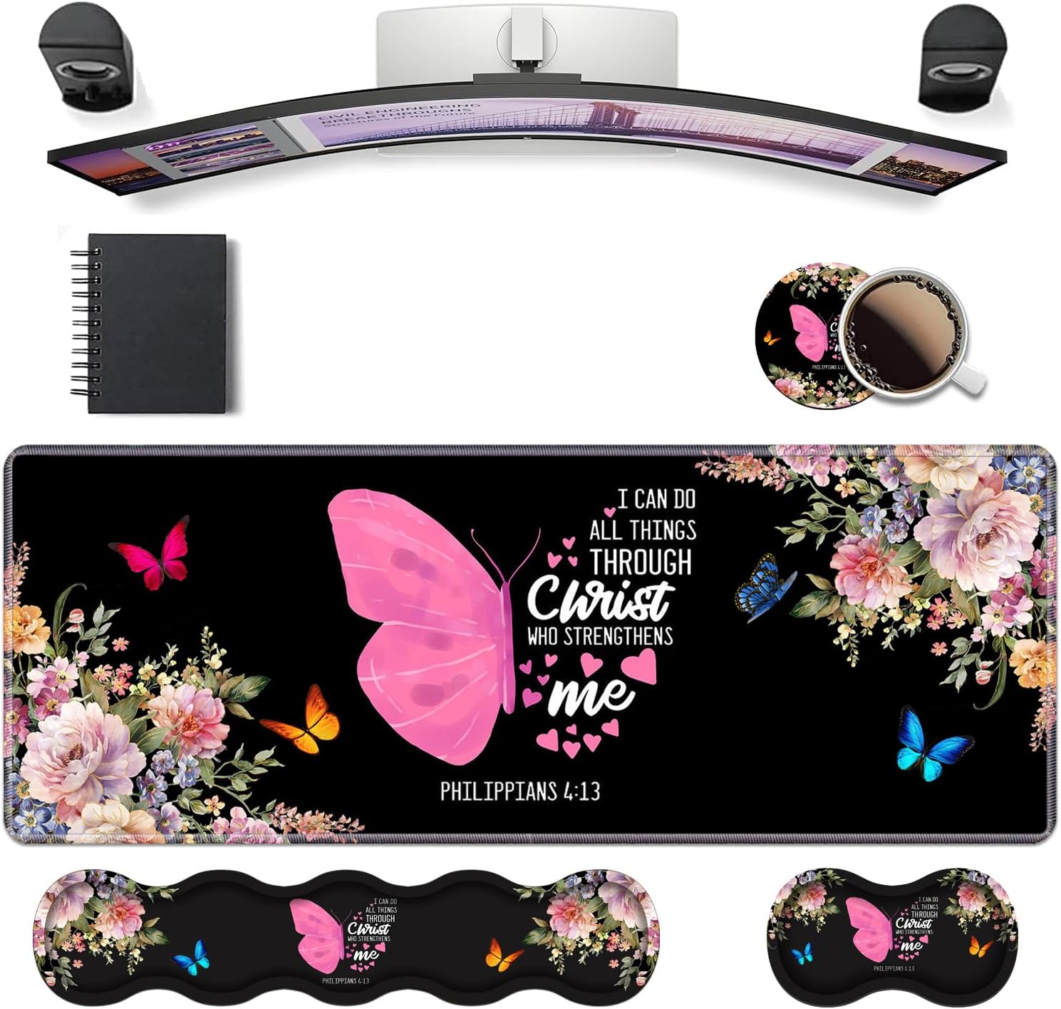 Ergonomic Keyboard Wrist Rest & Mouse Pad Wrist Rest Set, Butterfly Quote Bible Verse Philippians 4-13 Large XXL Gaming Desk Mat 31.5"x 11.8" with Non-Slip Base, Memory Foam for Home Office Study Game