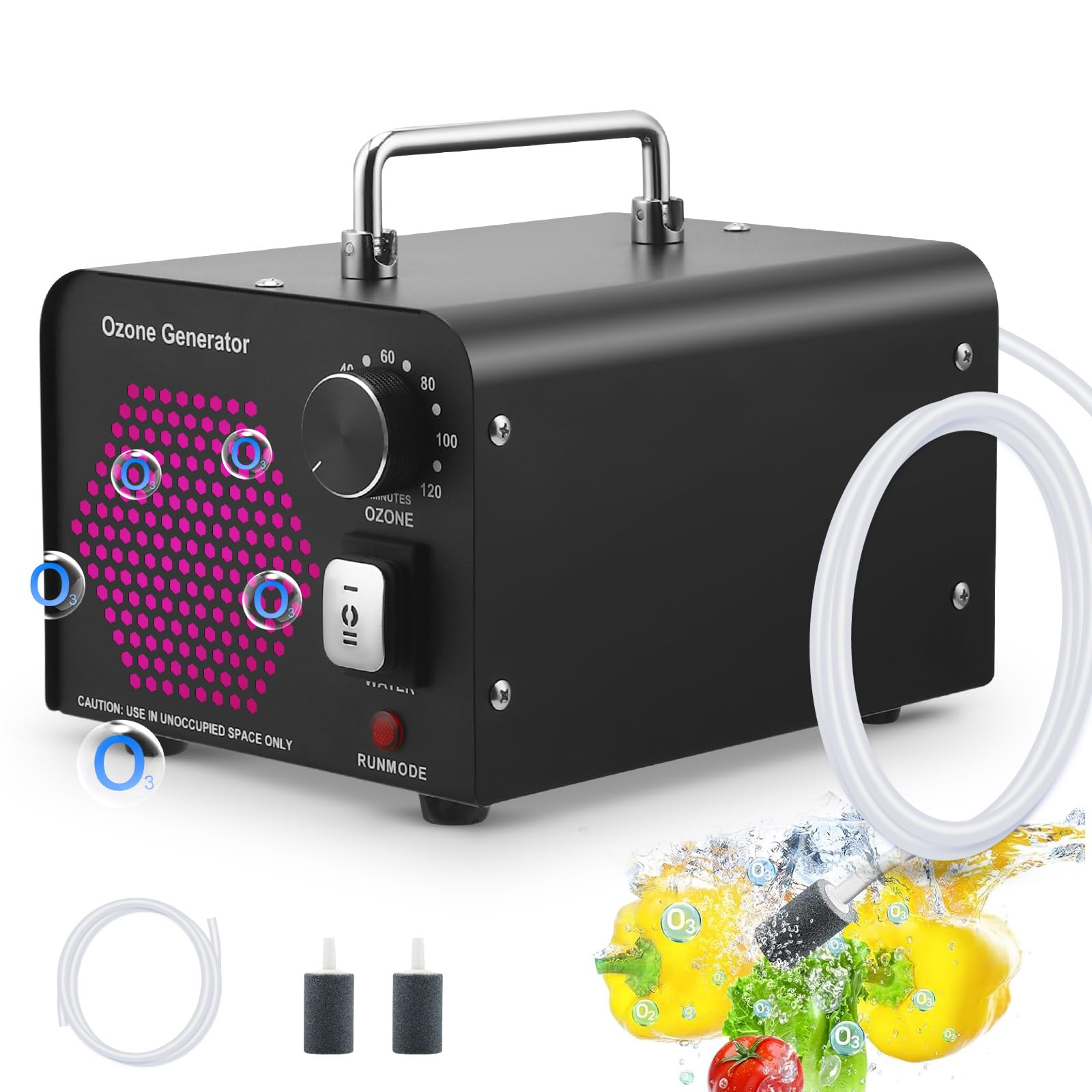 2 In 1 Ozono per Sanificare Casa 60000mg/H, Generatore Ozono con Modalità Acqua e Aria Ozonizzatore per Ambienti O3 Purificatore d'Aria Deodorante 120 Min Timer Macchina Ozono Casa Auto Frutta Verdura