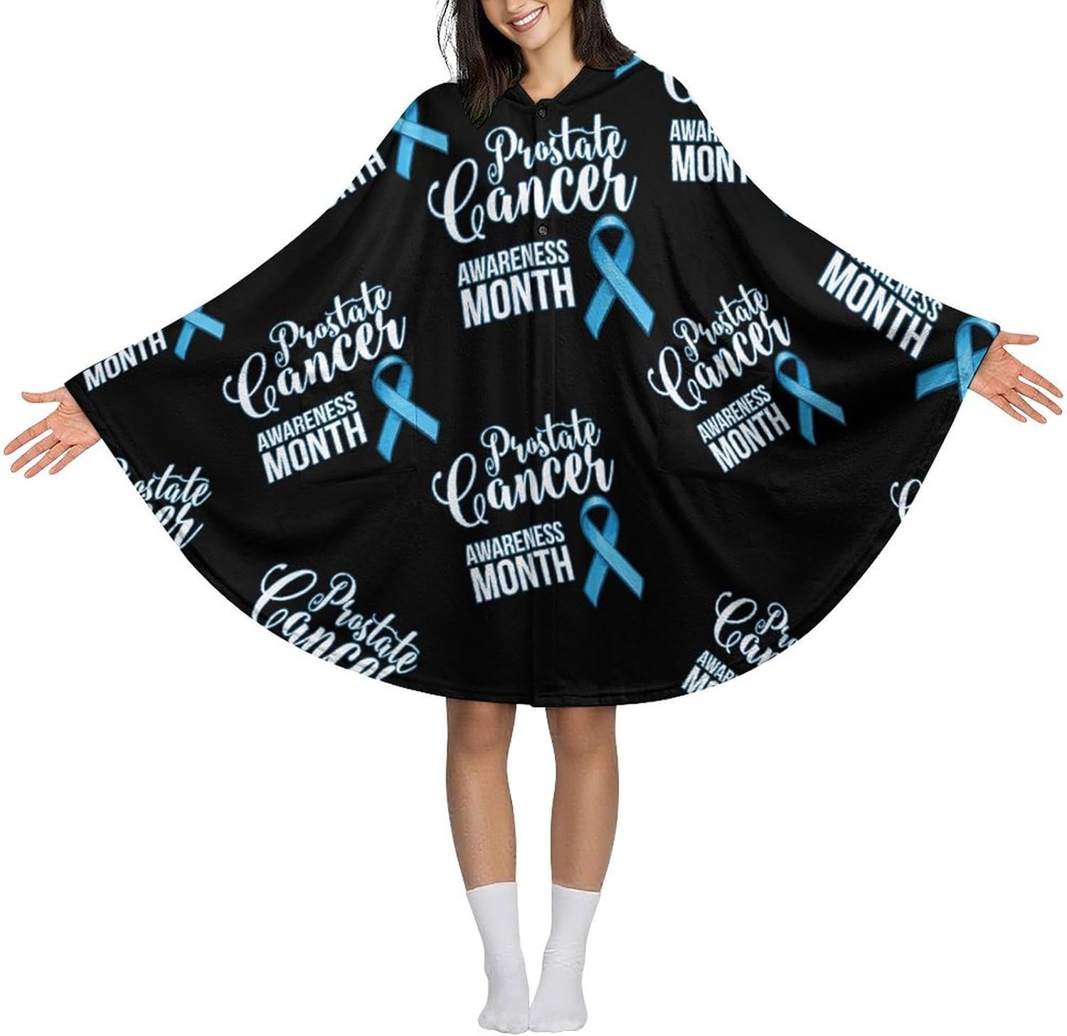 Prostate Cancer Awareness Blue Ribbon Wearable Blanket with Hooded Flannel Blankets Cape with Pocket