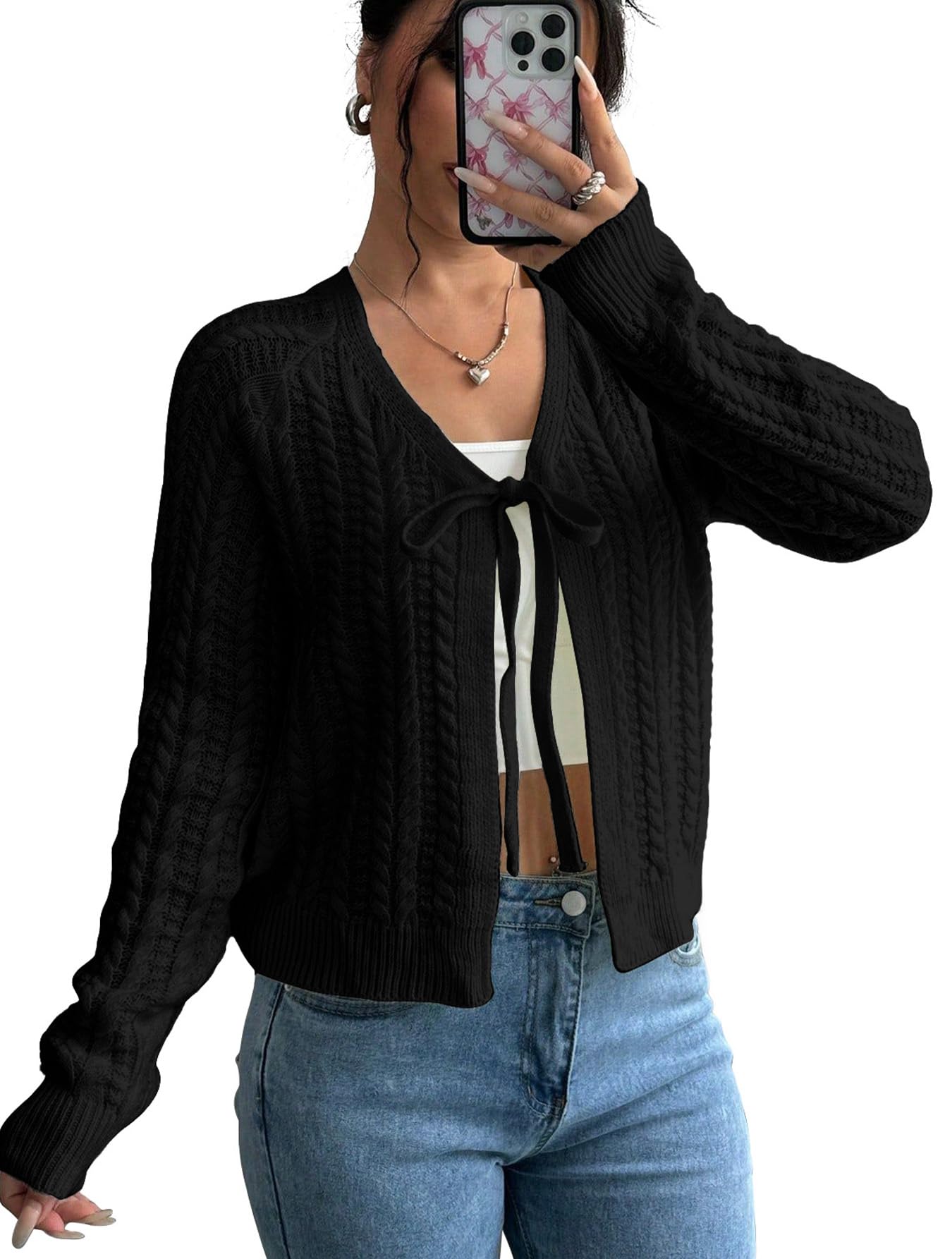 Cardigan Sweaters for Women V Neck Cropped Bow Tie Front Cardigan Long Sleeve Tops Knit Fall Winter Outfit-image-43