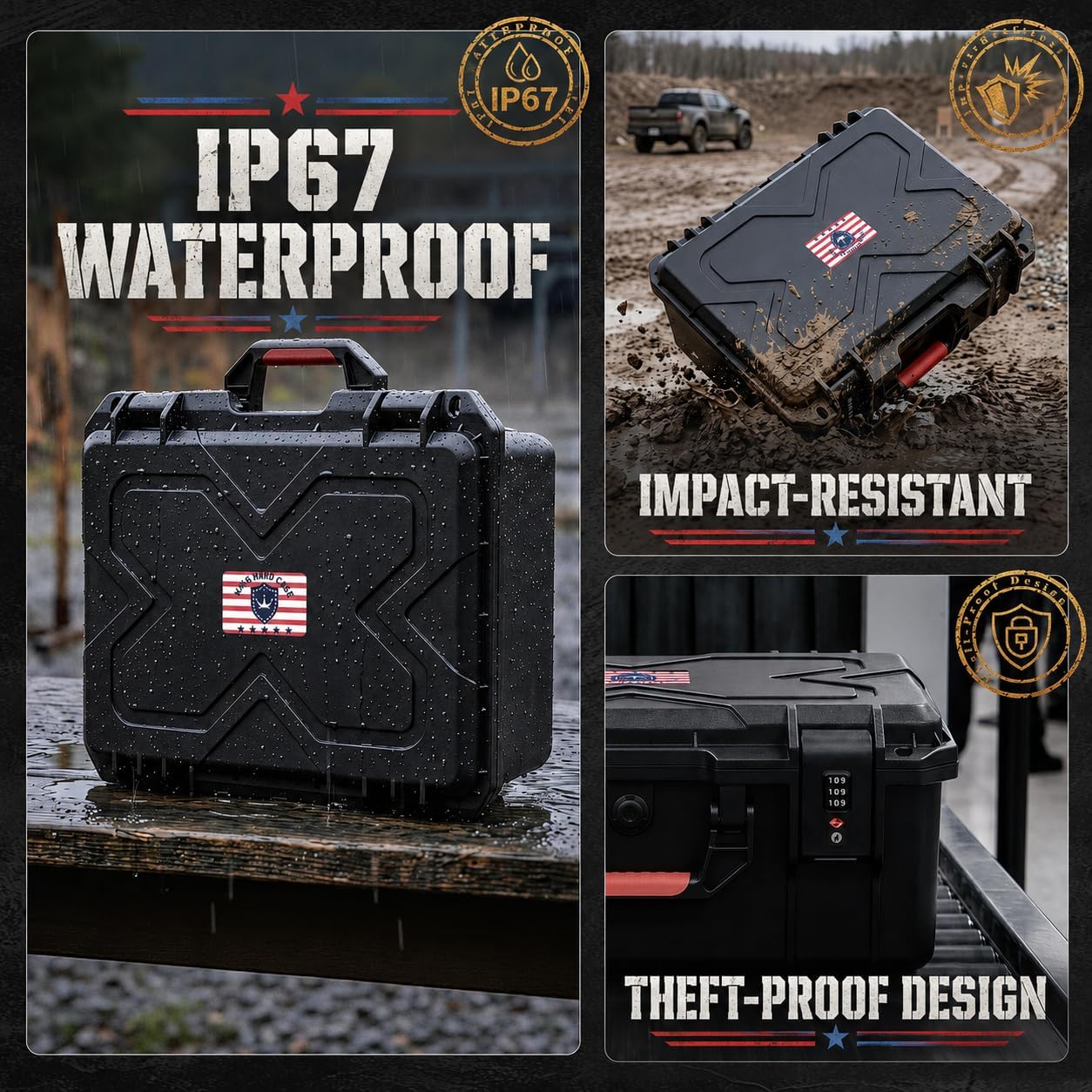 Kinghardcase Pistol Gun Case for Handguns, Holds Multiple Pistols Case Built-in Two TSA Approved Locks Shockproof Waterproof Hard Pistol Case Pre-Cut Foam for Airline Travel Range Shooting