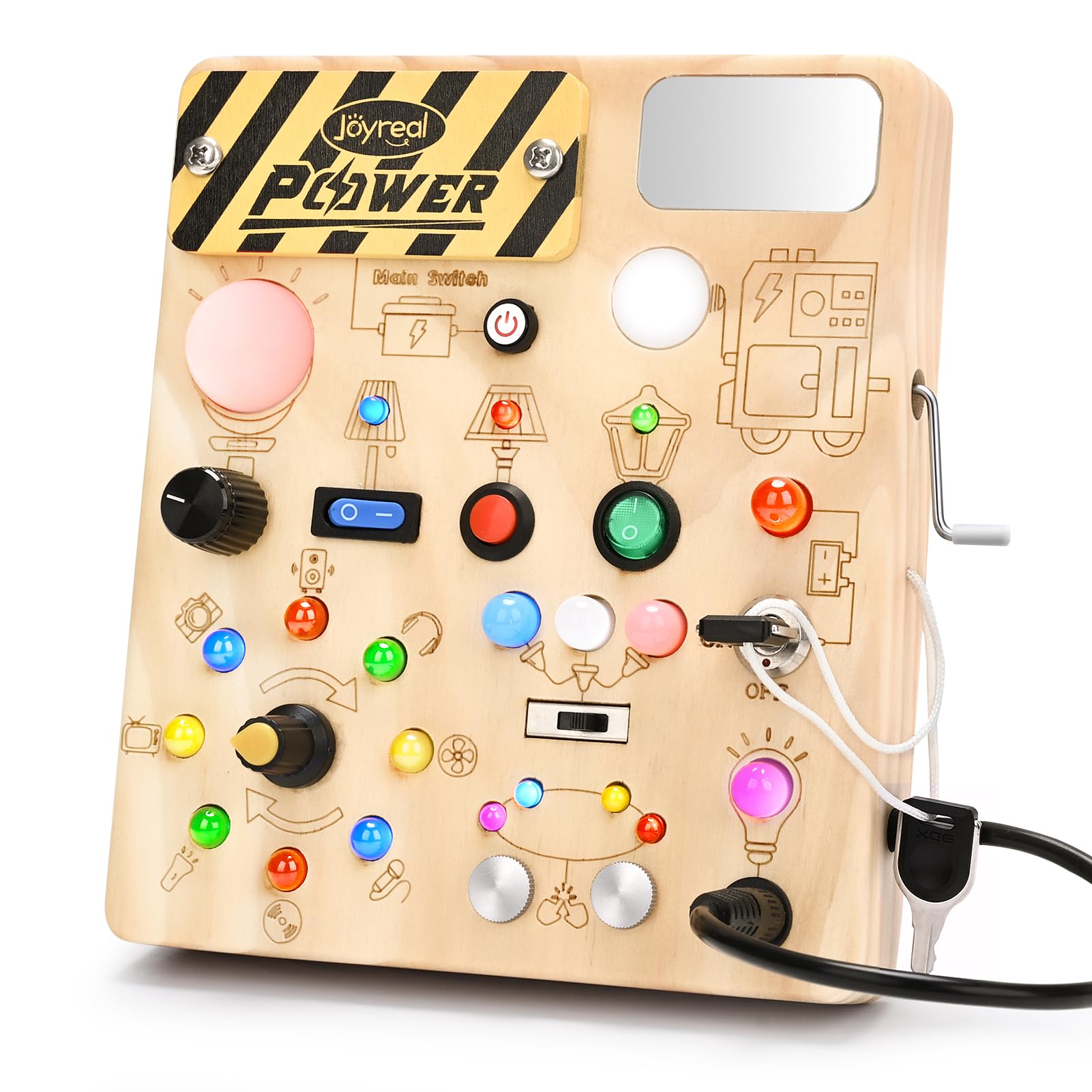 Joyreal Montessori Busy Board 1 anno, 22 Luci LED & 11 Interruttori con Generatore a Manovella, Lavagna Sensoriale Bambini per 1 2 3 Anni, Giocattolo Educativo Regalo Bimbo