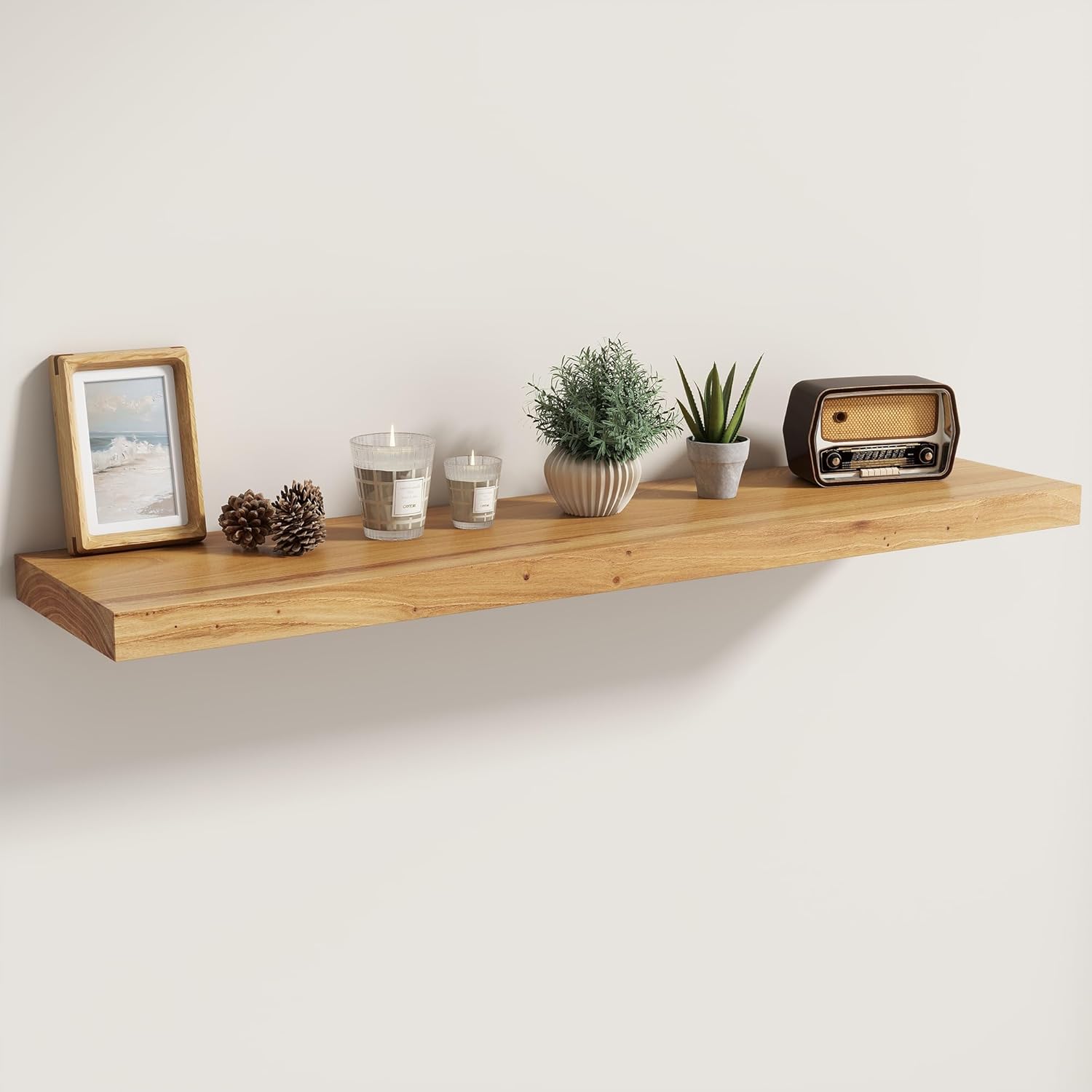 Fun Memories Solid Elm Wood Floating Shelves Set of 1-40 Inch Rustic Wall Shelves with Heavy-Duty Invisible Brackets - for Living Room, Kitchen, Bedroom, Bathroom - Natural Finish