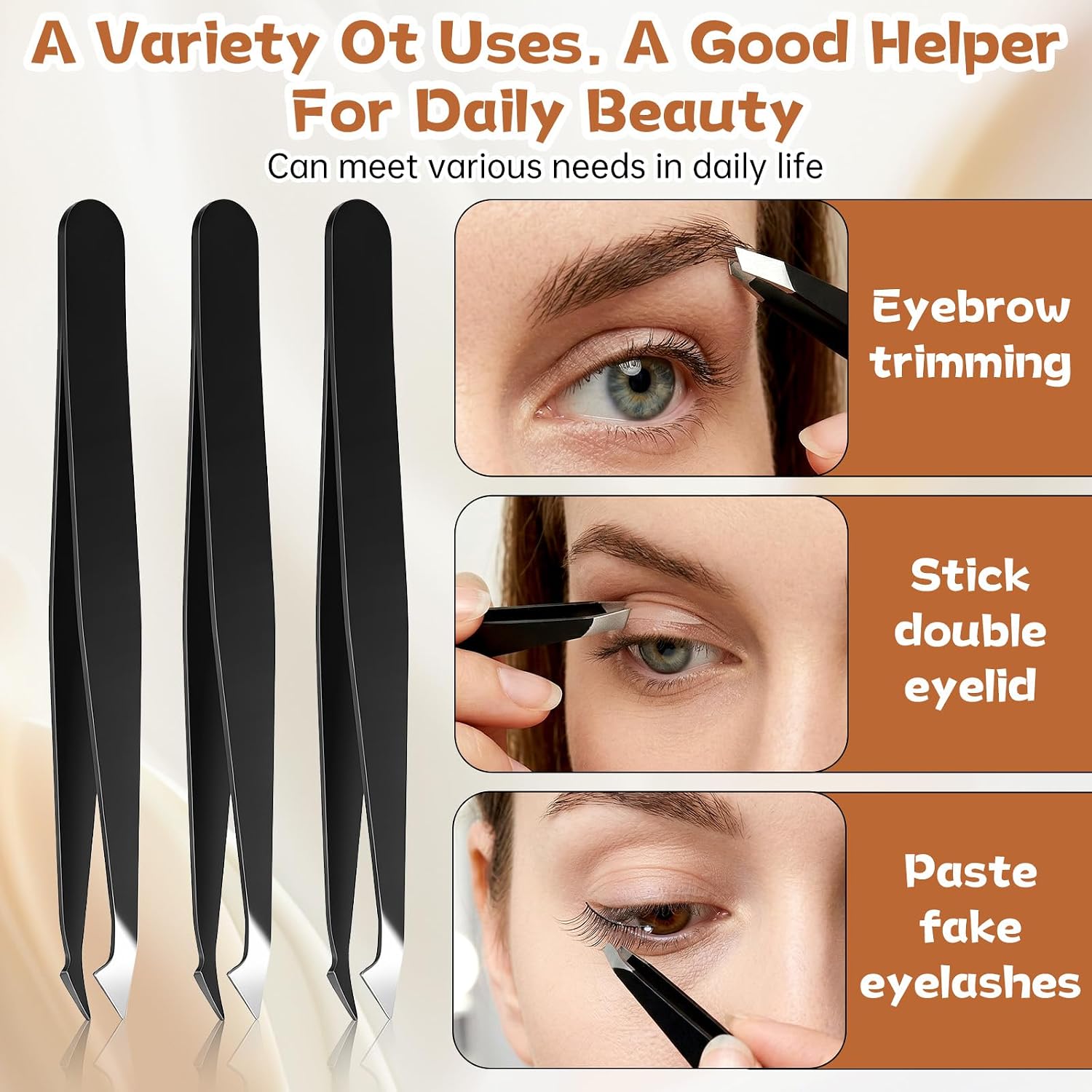 12 PCS Slanted Eyebrow Tweezers Set for Facial Hair, Stainless Steel Tweezers Bulk Pointed Tip, Precision Tweezer for Men Women Ingrown Hair Removal Lash Extension (Black)