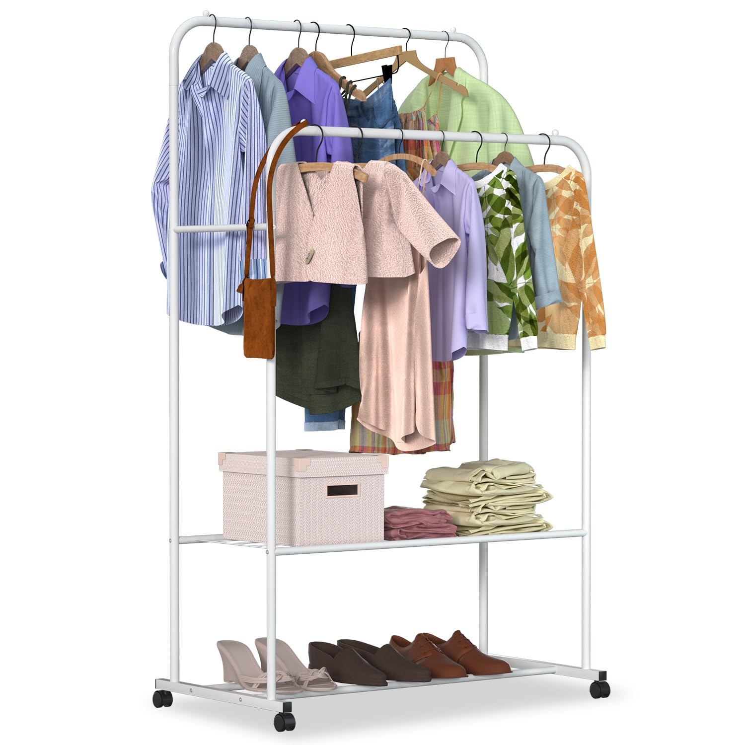 Clothes Rack with Wheels Double Rods Garment Organizer with Storage Shelf Clothing Rack for Hanging Clothes Portable Closet