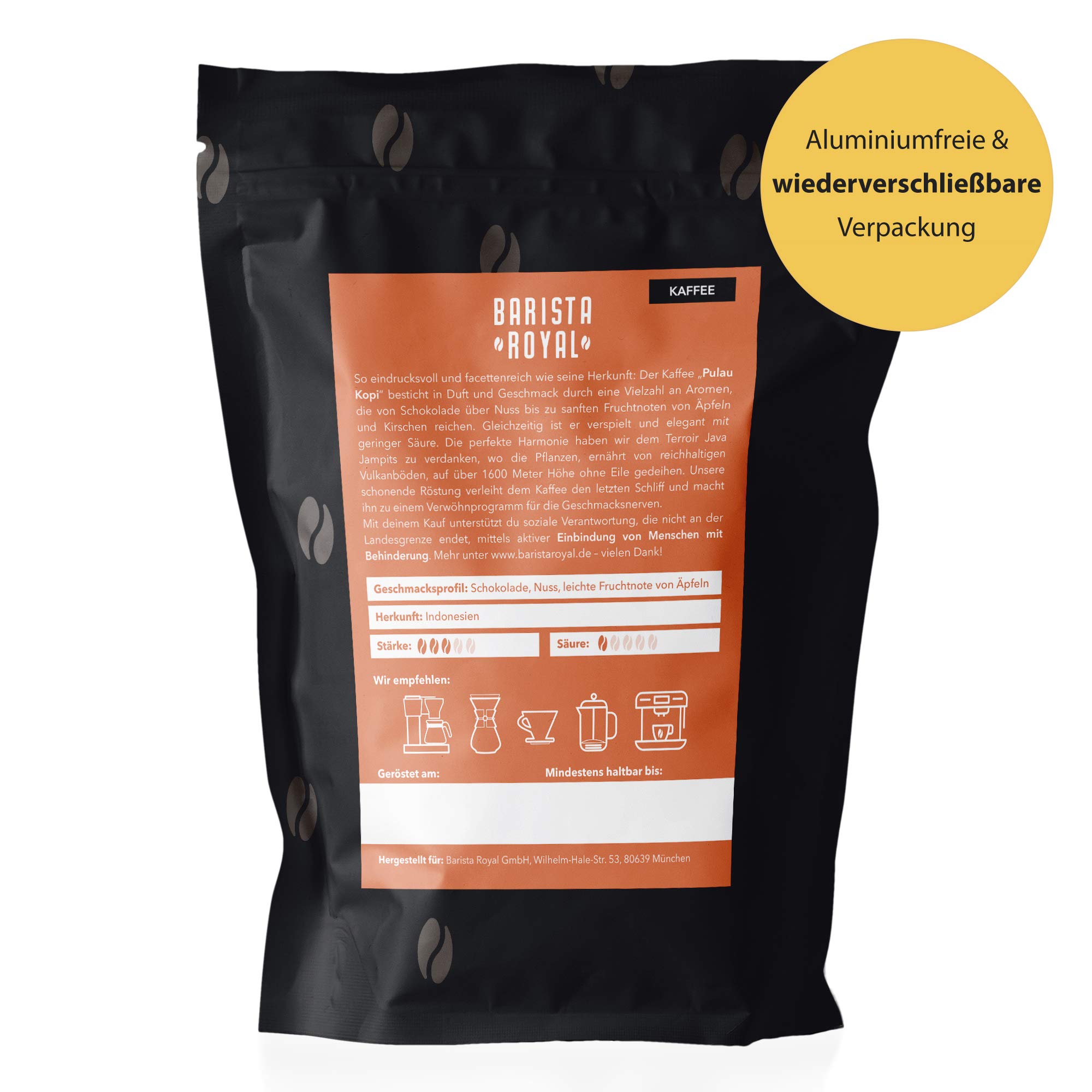 BARISTA ROYAL "Pulau Kopi" ziarna kawy, 1 kg, świeże ziarna kawy bezpośrednio z Indonezji, 100% całych ziaren kawy Arabica, idealne do w pełni automatycznych ekspresów filtrujących