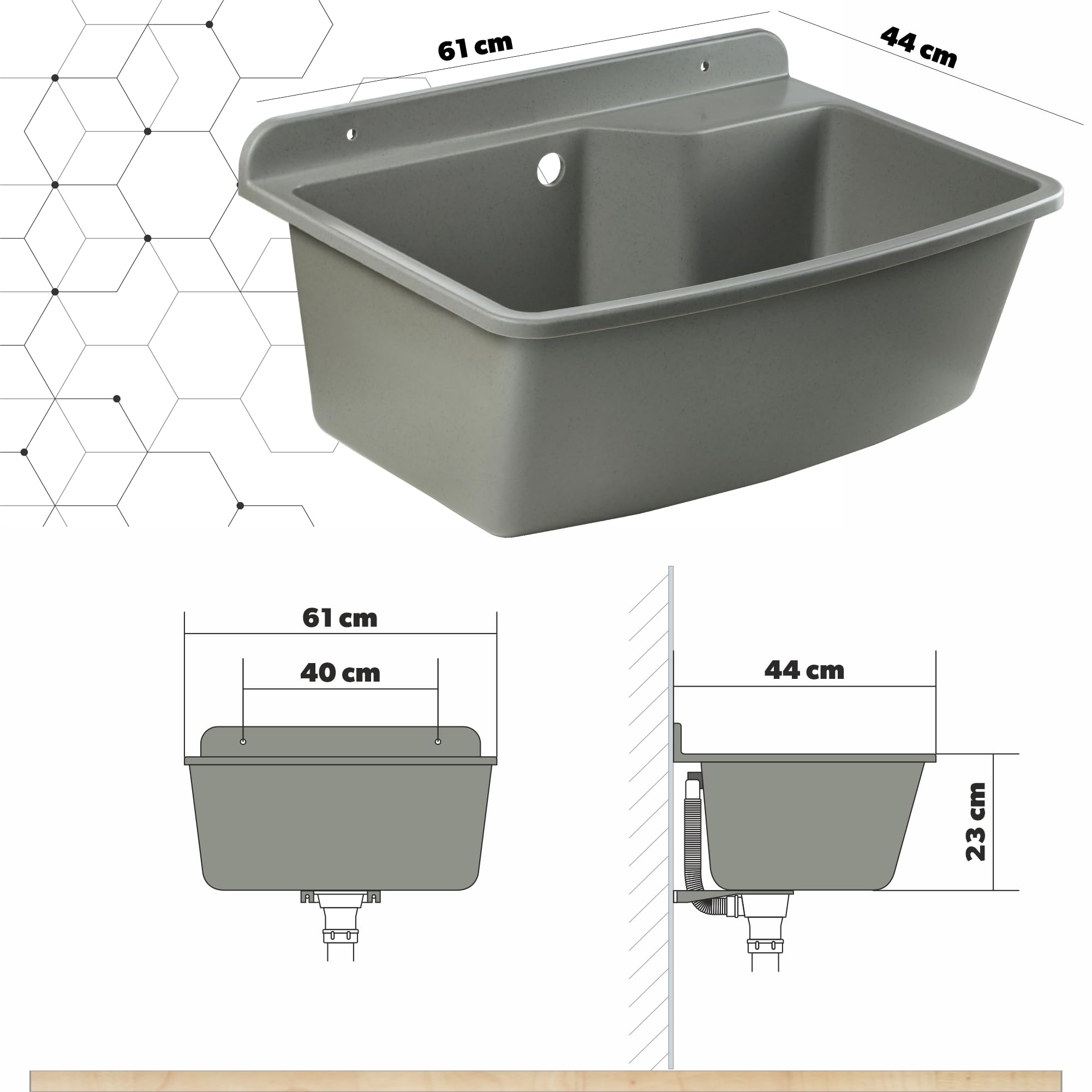 GOSPO Bassin d'évier en plastique solide avec trop-plein et siphon 61 x 44 x 23,5 cm 38 l, gris