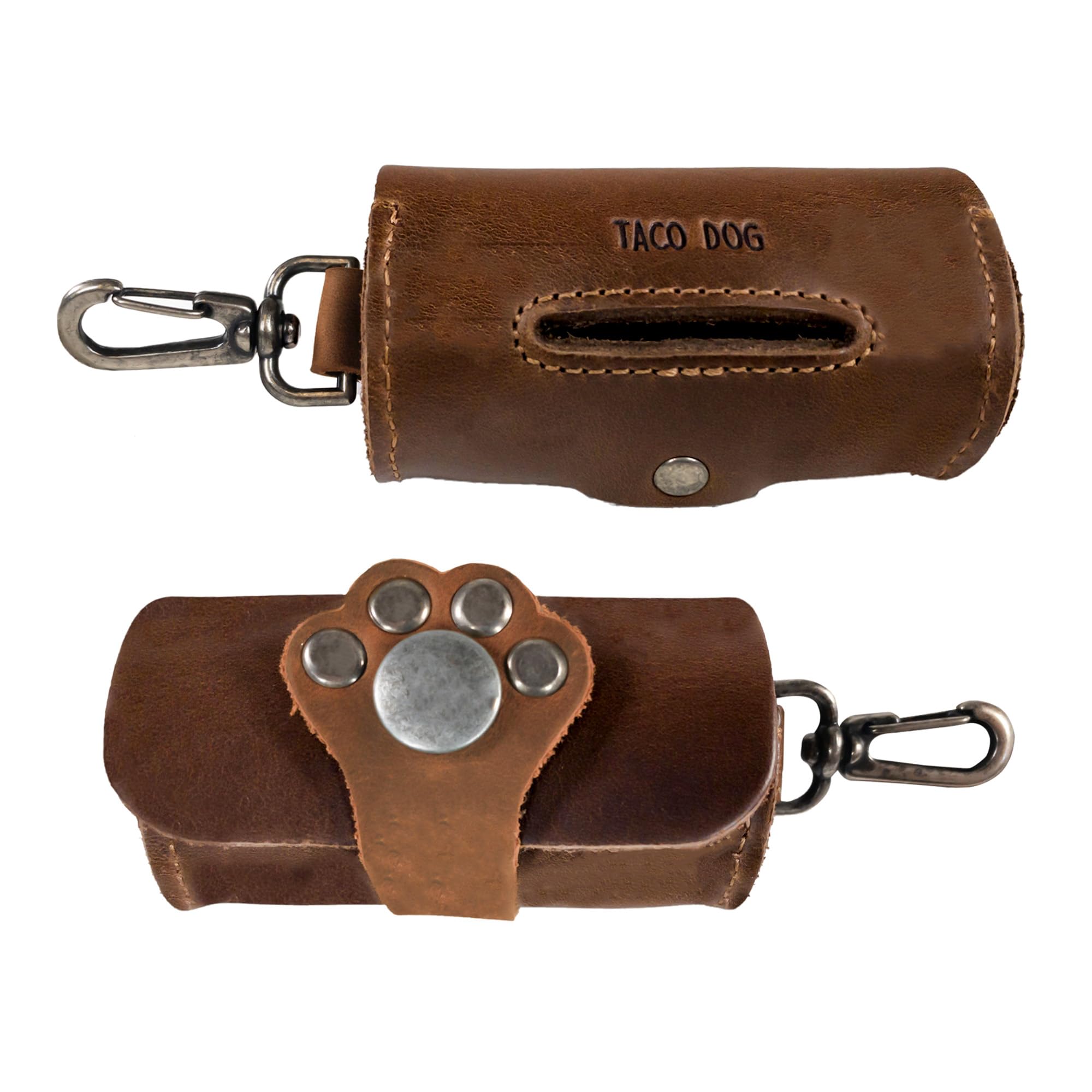 Taco Dog, Paw Poop Bag Tasche handgefertigt aus Vollnarbenleder – praktische Tragetasche, Clips an Leine, Spender, einfache Reinigung beim Gehen – ganz natürlich, leicht, Accessoire – Bourbon Brown