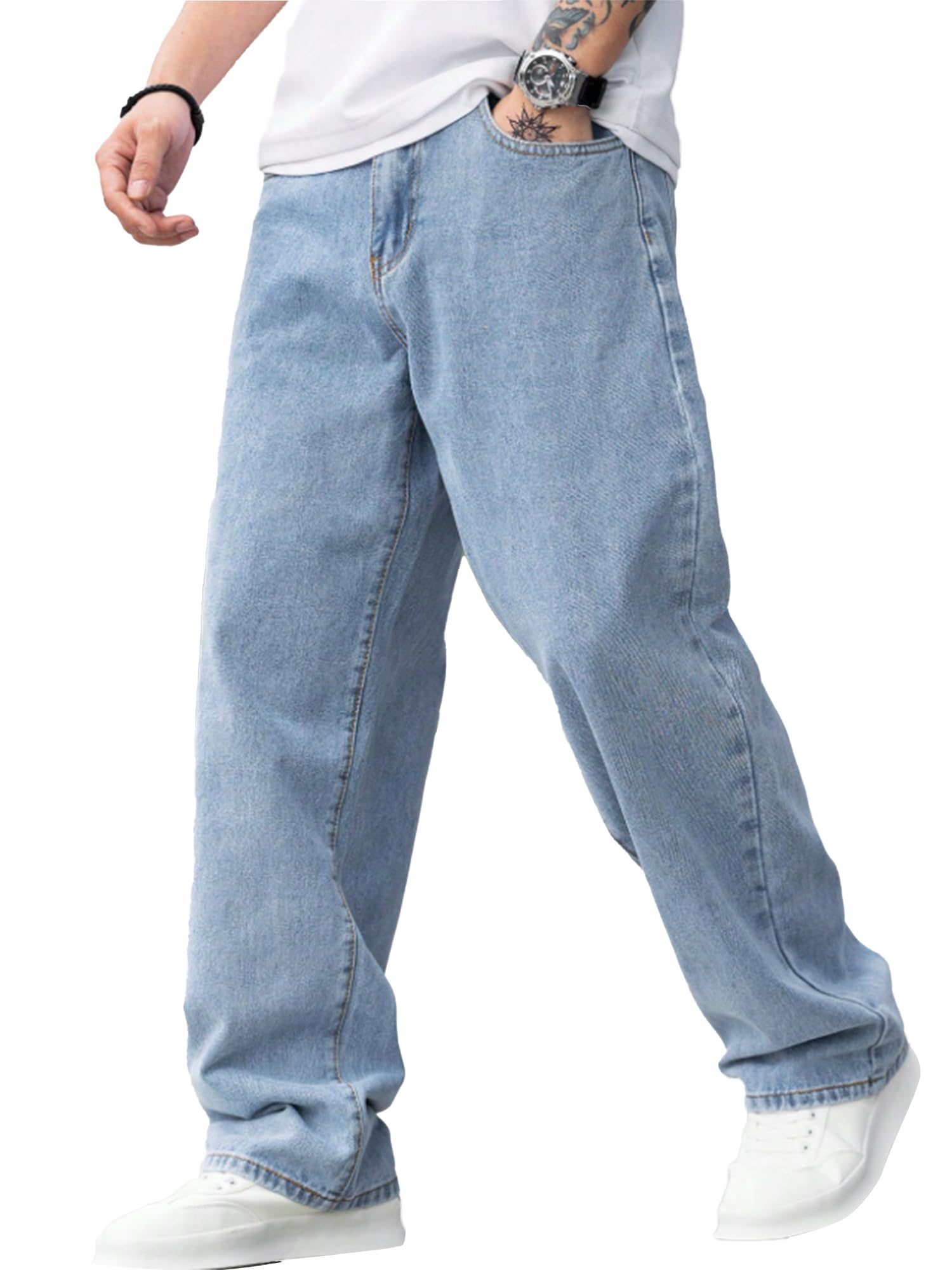 JMIERR Herren Jeans Baumwolle Baggy Jeans Y2K Hip Hop Weit geschnittene Denim-Hosen Skater Jeans Hellblau S