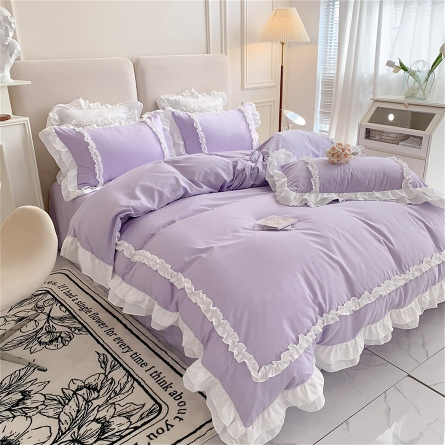 Chic Lace Bedding,Girls Twin Aesthetic Comforter Cover Set,Cute Princess Style Ruffled Duvet Cover with 2 Layers Ruffles, Zipper Closure-Purple,Twin