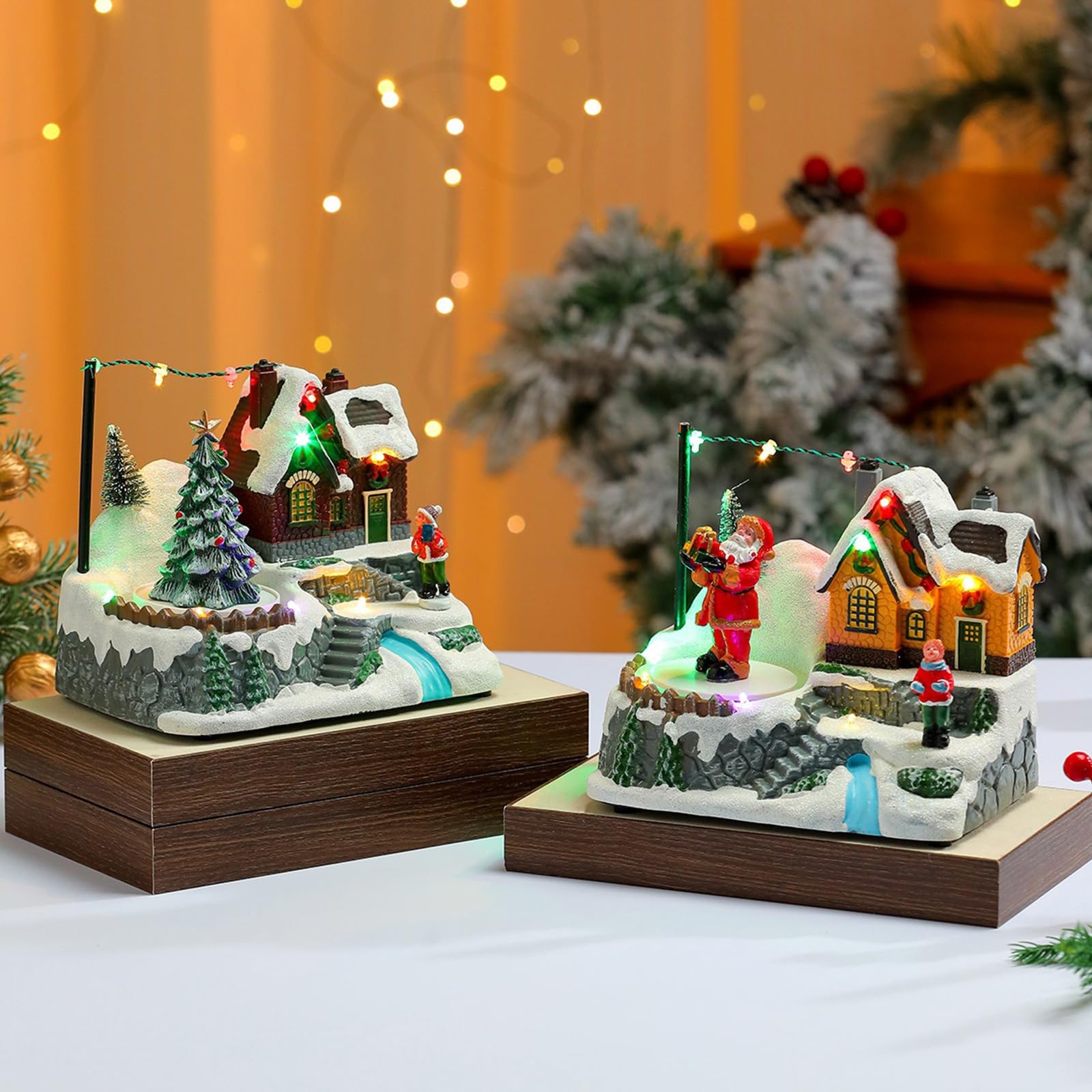 PANGBOER Figurine animate Musicali del Villaggio Natale con Babbo Natale/Albero Rotante Decorazioni Natalizie Musicali Ornamenti da Tavolo Regali Figurine delle Case del Villaggio