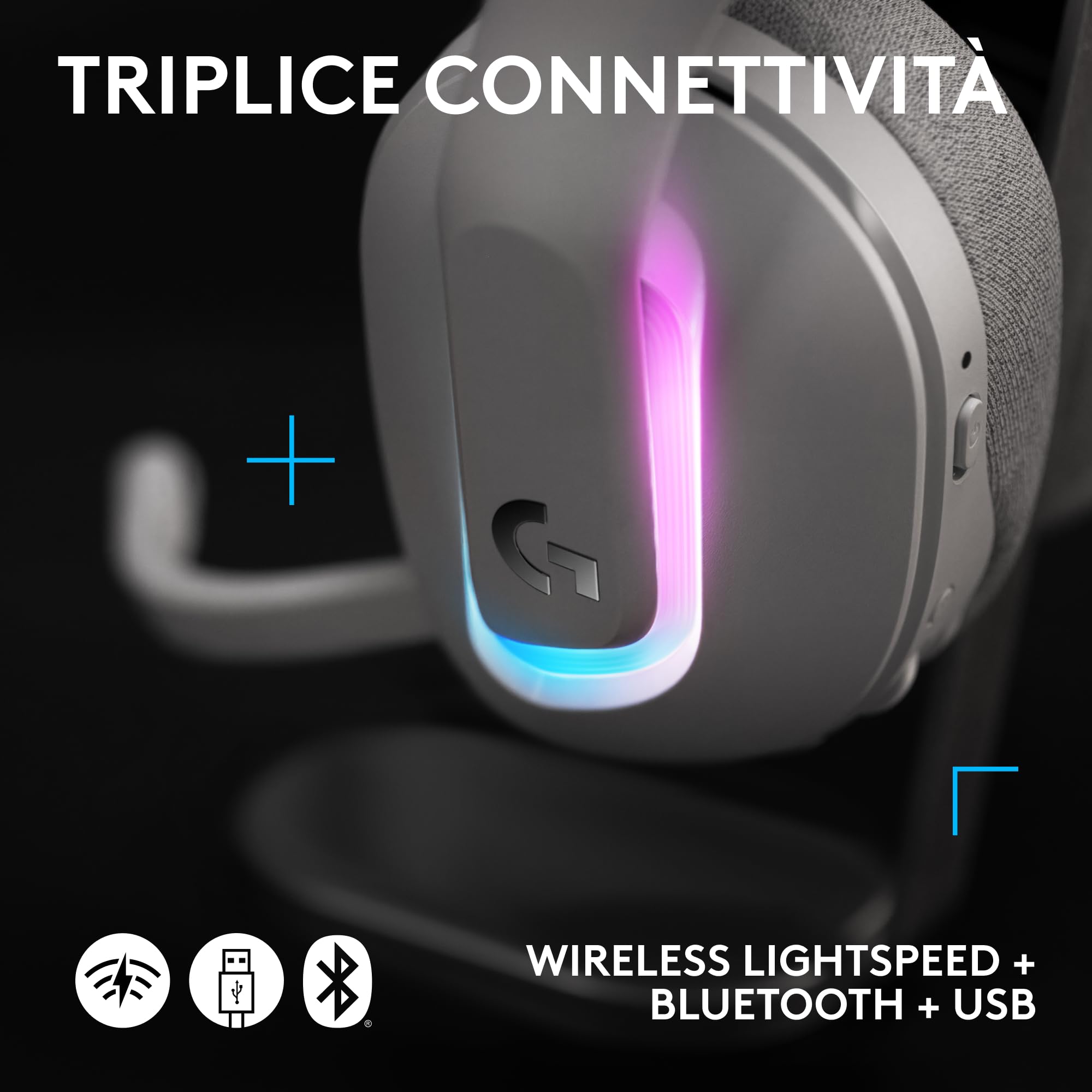 Logitech G G522 LIGHTSPEED cuffia con microfono gaming wireless,LIGHTSYNC RGB, microfono e audio sincronizzato avanzato, connettività tripla con LIGHTSPEED, Bluetooth, da USB-A a USB-C per PC, Bianco