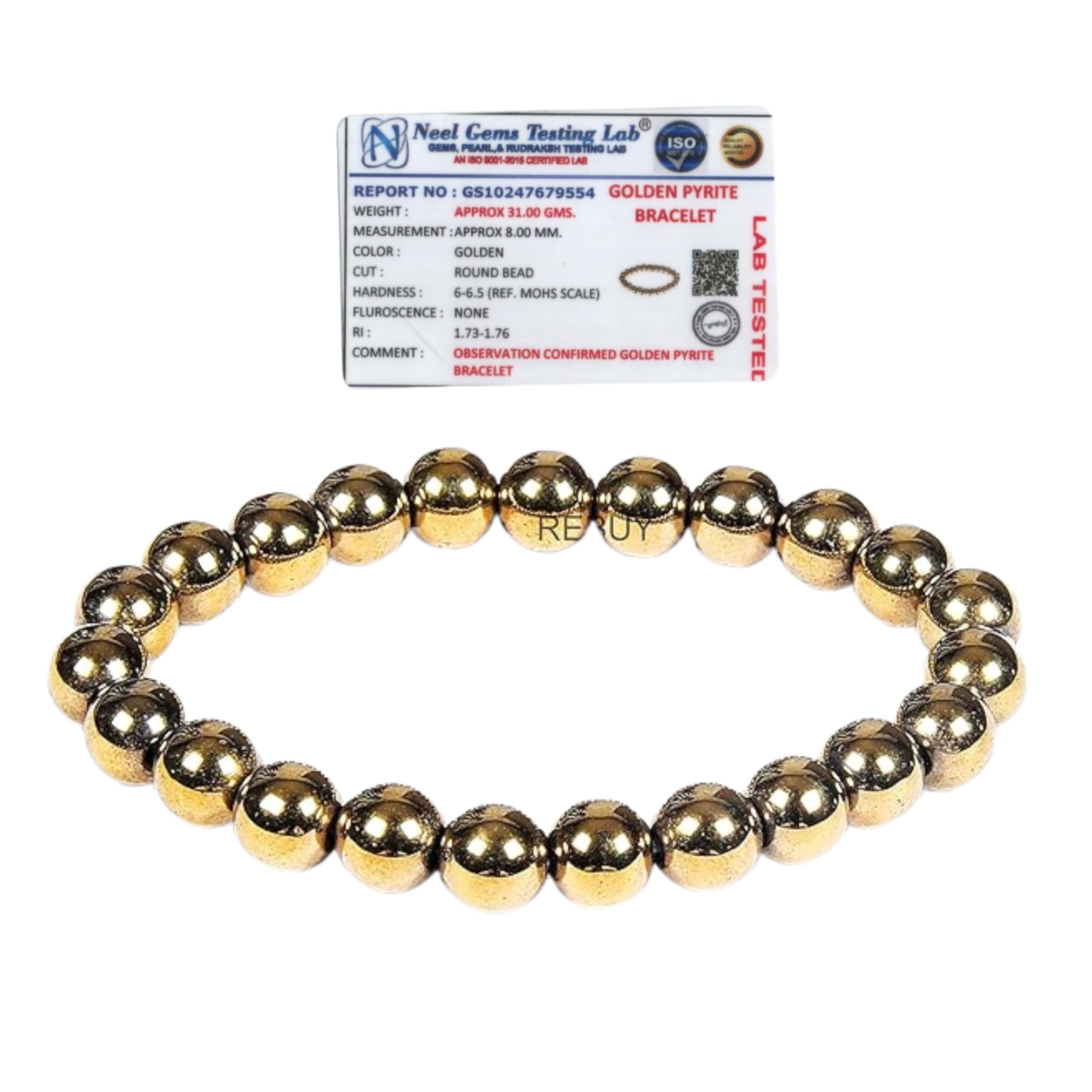 Rebuy Golden Pyrite Money Wealth Bracelet Natural Gemstone Chakra Bracelet Reiki Healing Jewelry for Men & Women, Bead Size 8 mm, Color Golden, Certified