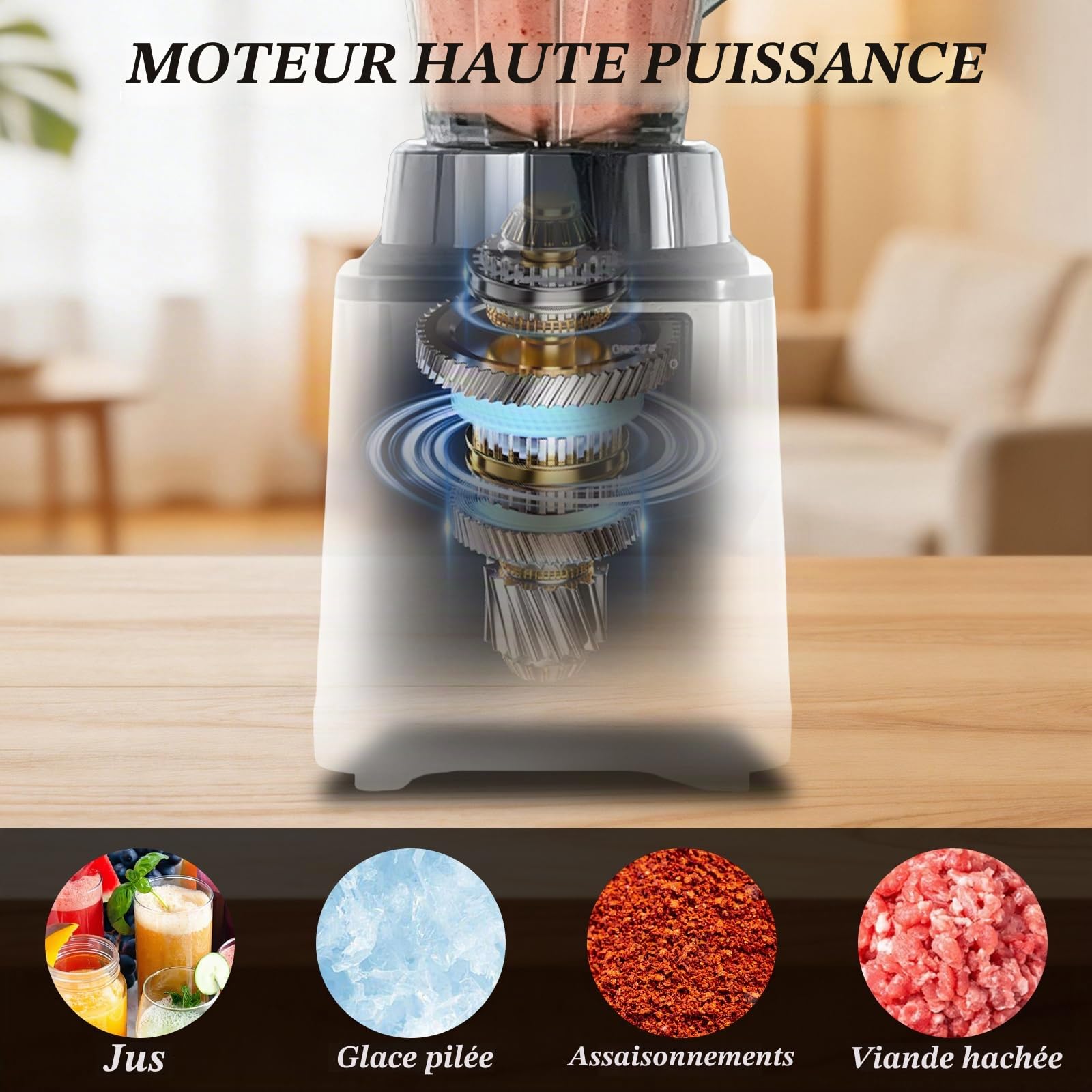 Mixeur multifonction 8-en-1, mixeur de table avec bols de 2 L et 3 L, mixeurs sur socle haute puissance, 15 vitesses, mixeur haute puissance pour smoothies, milk-shakes, glace pilée et fruits congelés