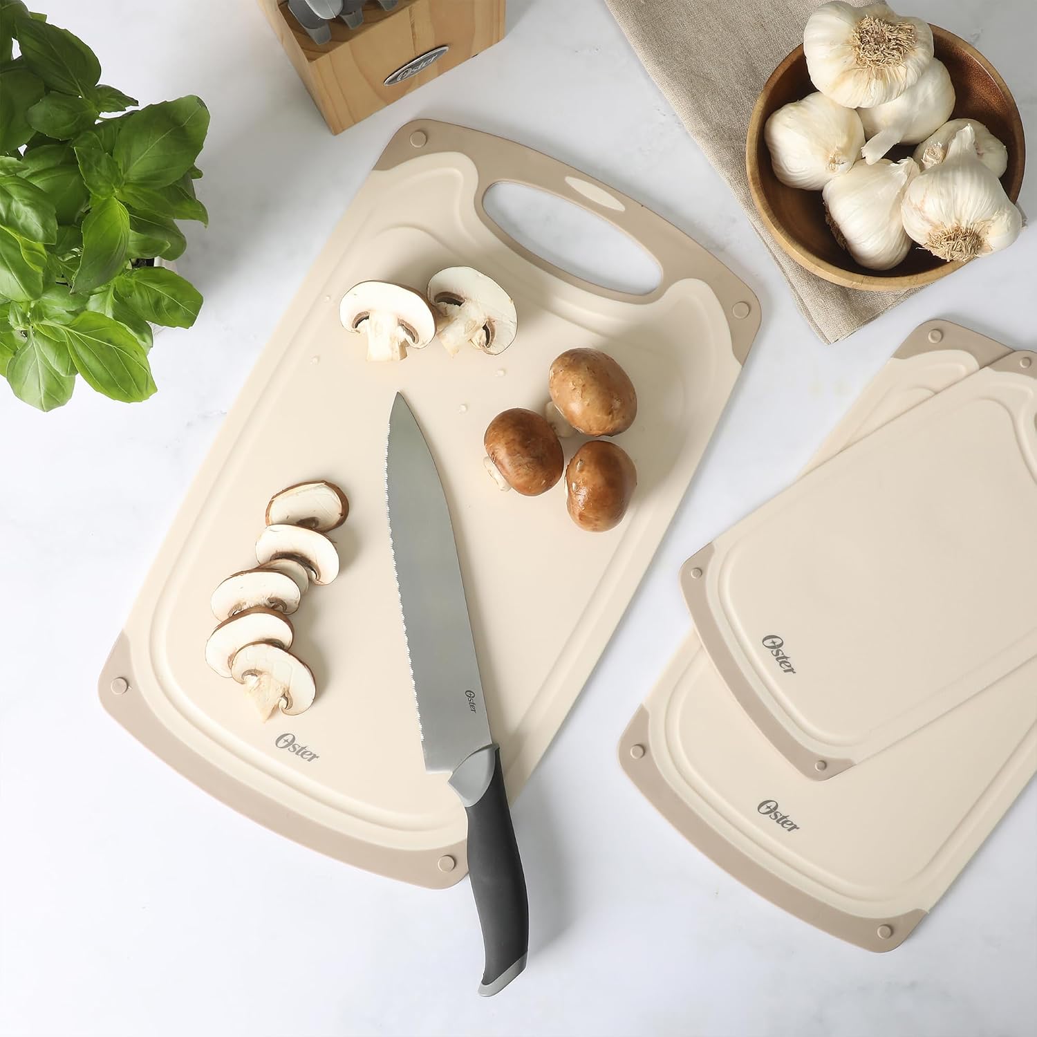 Oster Bexhill 3-Piece Cutting Board Set – 9.8", 13" & 16" Plastic Chopping Boards with Non-Slip Edges, Nesting Design, Dishwasher Safe