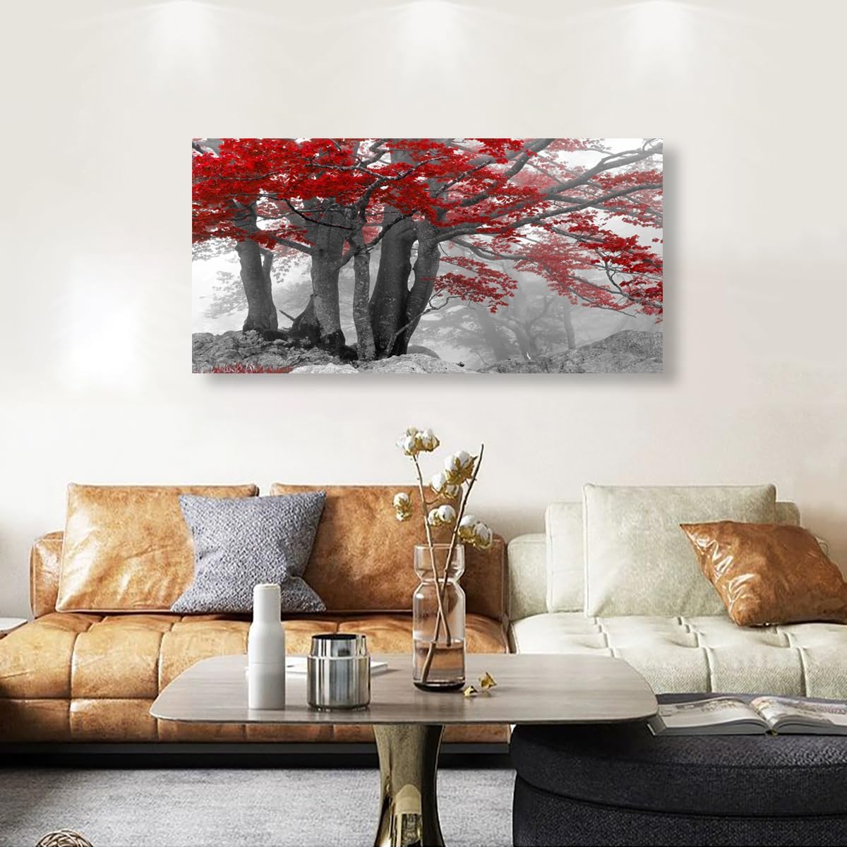 SiGuTie Red Tree of Life Canvas Wall Art Bedroom Wall Decor Living Room,Forest Wall Art Office Kitchen Paintings Artwork Modern Fog Tree Pictures Art Prints Waterproof Ready to Hang-20x40inch