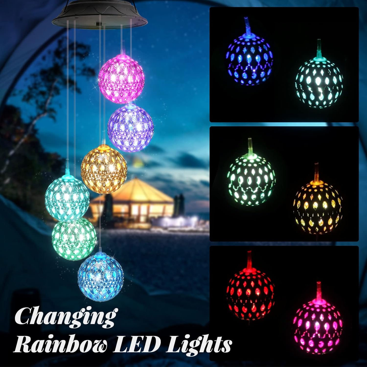 Solar Wind Chimes,LED Color-Changing Wind Chimes for Outside, Gold+Silver Hollow Metal Hanging Wind Chime for Yard/Garden/Balcony/Home Decor, Gifts for Mom Grandma Women by HEGUD