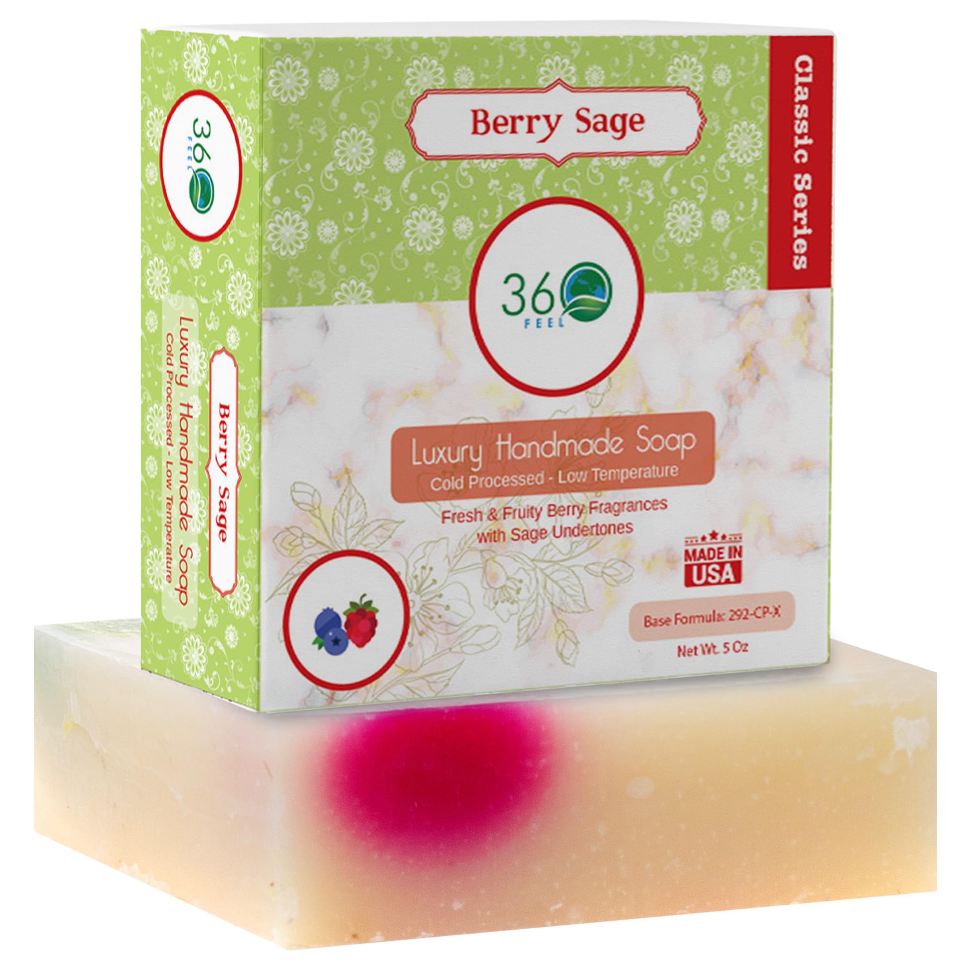360Feel Berry Sage Soap -5oz Castile Handmade Soap bar-Fresh Fruity, Berry with Sage undertones- Pure Essential Oil Natural Soaps- Great as Anniversary Wedding Gifts- Gift ready