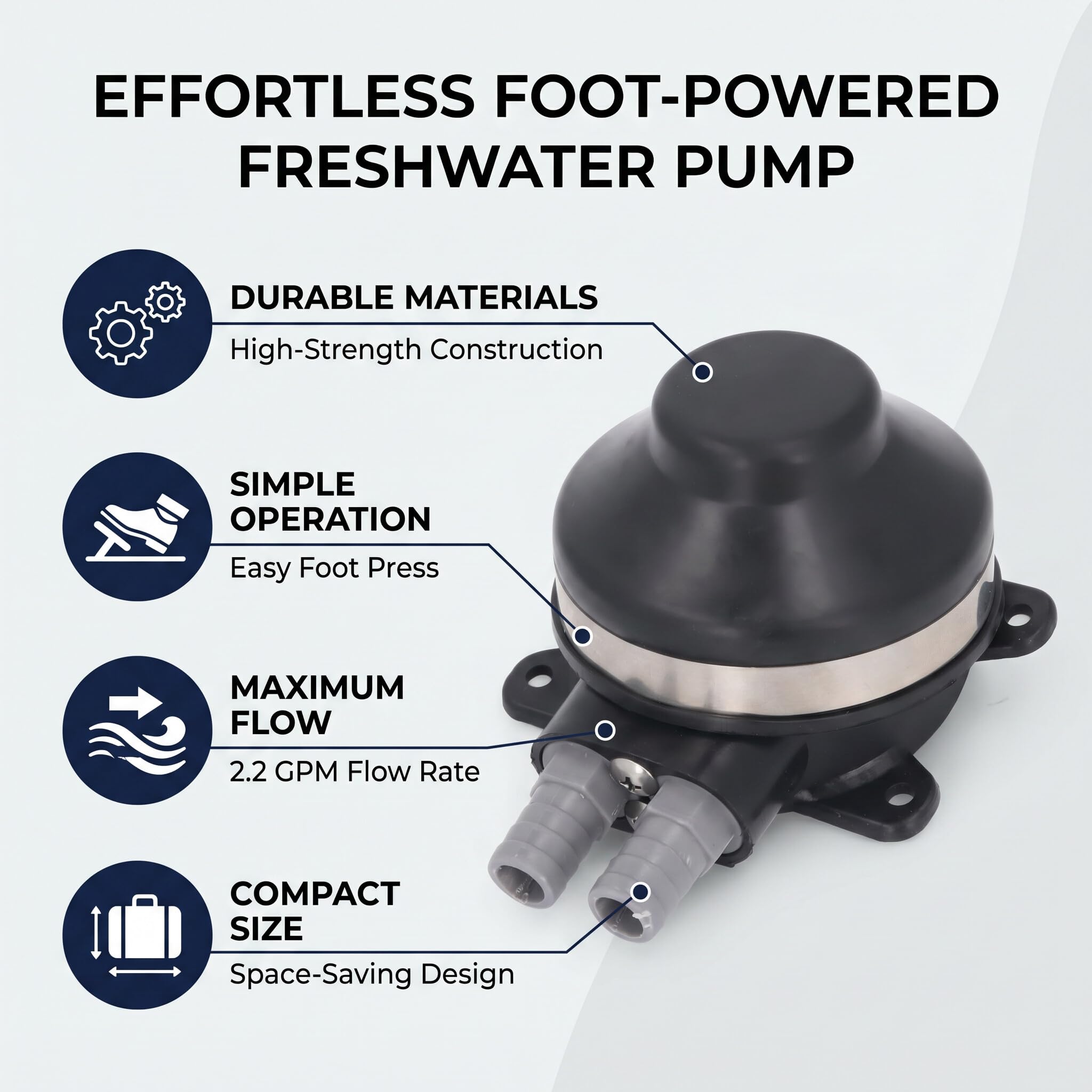 Fußbetriebene Wasserpumpe, Selbstansaugende 2,2-GPM-Fußwasserpumpe, Manuelle Süßwasser-Kombüsenpumpe, Anschluss an 1/2-Zoll-Flexschlauch, Passend für Marine-Wohnmobil-Bootsküchen