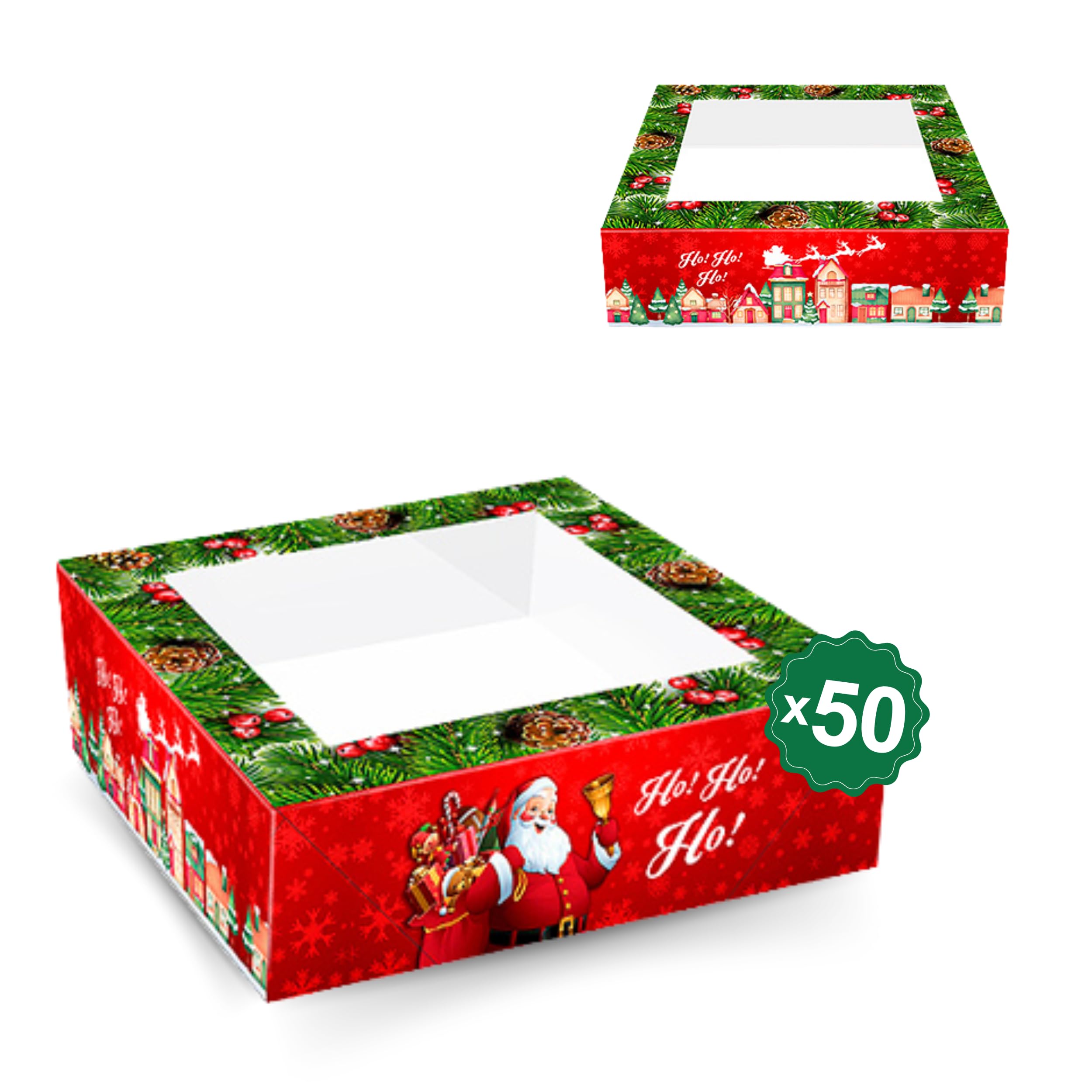 Espirito Rebelde 50 cajas de cartón para tartas con ventana (20 x 20 x 7,5 cm) – Diseño de Navidad, caja de panadería – Cajas para tartas de Navidad, galletas, magdalenas