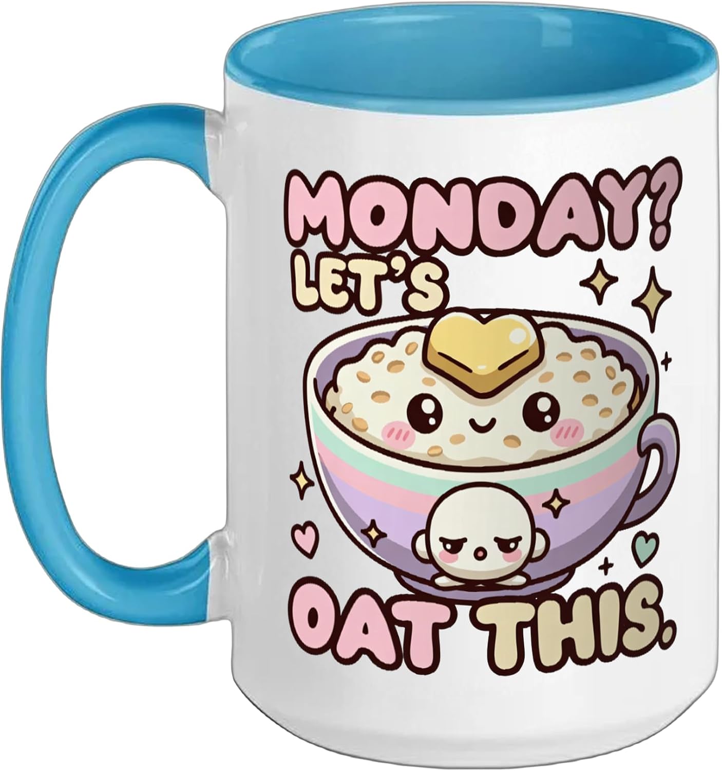 Oatmeal Monday Kawaii Breakfast Funny Ceramic Mug, Blue/White, 15oz