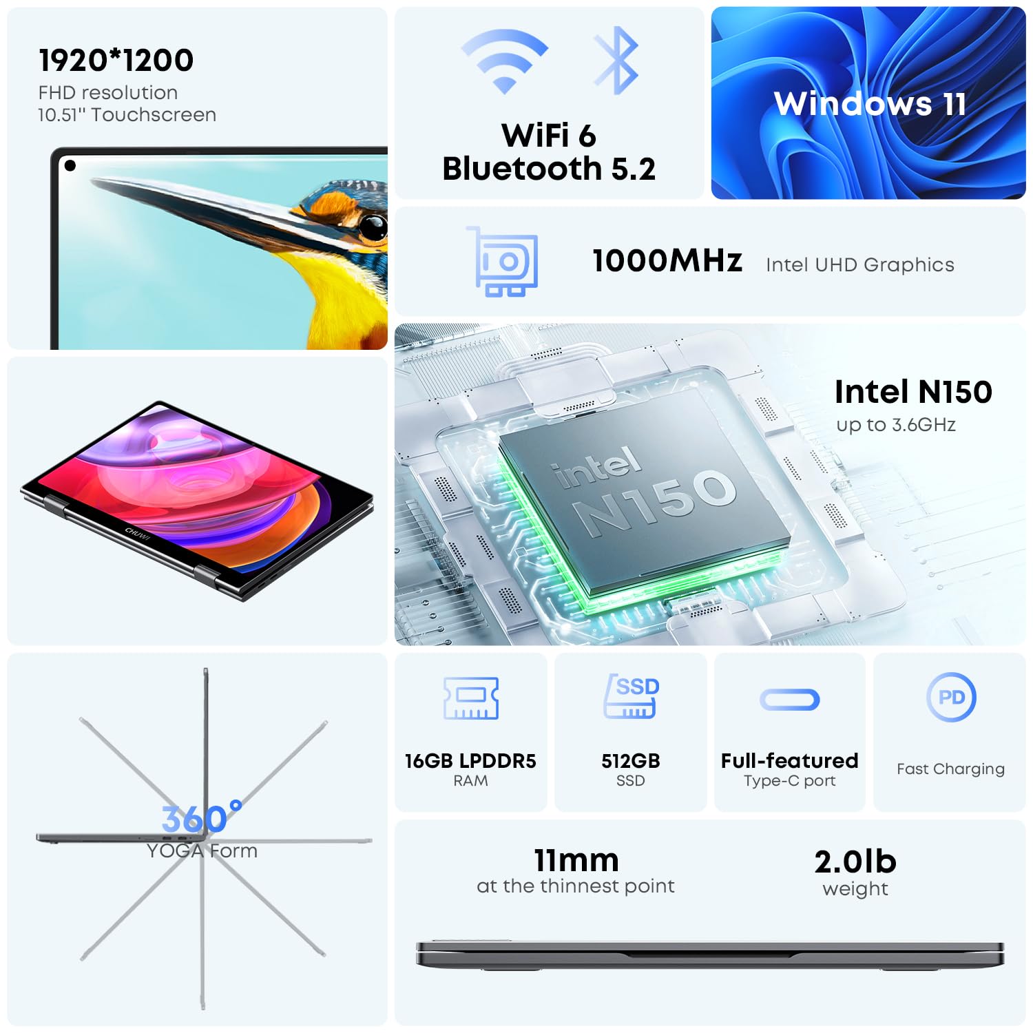 CHUWI laptop 2 in 1 da 10,51 pollici, Intel N150, 16 GB RAM 512 GB SSD, mini laptop Windows 11, FHD 1920 * 1200 IPS touchscreen, tastiera retroilluminata, WiFi 6, BT5.2, ventola, PC tascabile per