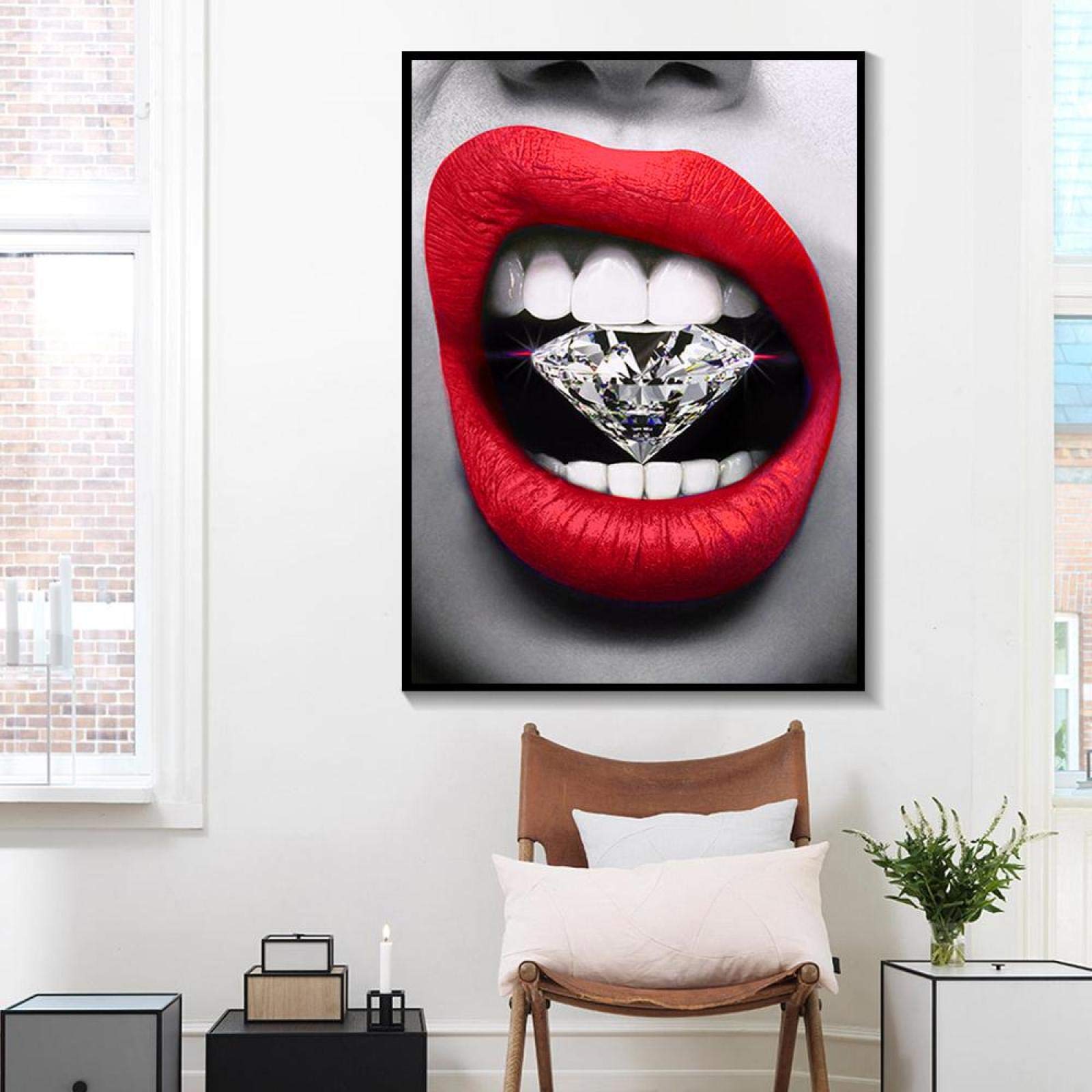 Sexy Beauty Red Lip con pintura de lienzo de diamante carteles e impresiones Cuadros arte de pared para sala de estar decoración del hogar 60x90cm InternalFrame