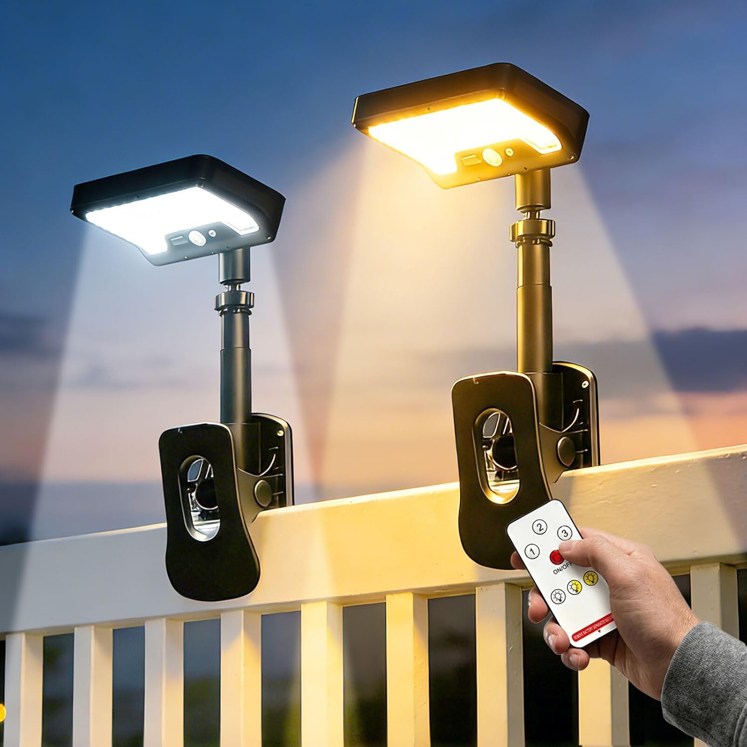 Clip On Solar Lights Outdoor - Remote Control, 360° Rotatable Solar Motion Sensor Lights with 3 Color Modes, 92 LEDs 600 LM, IP65 Waterproof Security Light for Fence, Deck, Gutter, Camping (2 Pack)