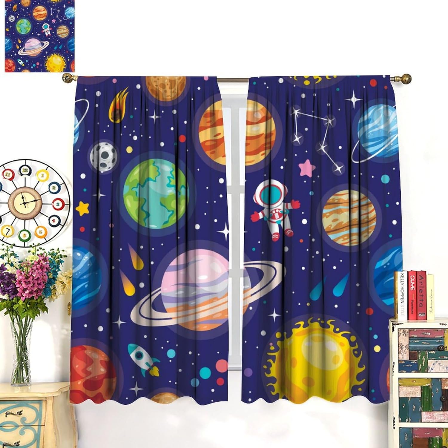 Kid Galaxy Blackout Window Curtains, Cartoon Outer Space Planet Rocket Astronaut Curtains for Kids Boys Room Child Bedroom 42" W X 54" L