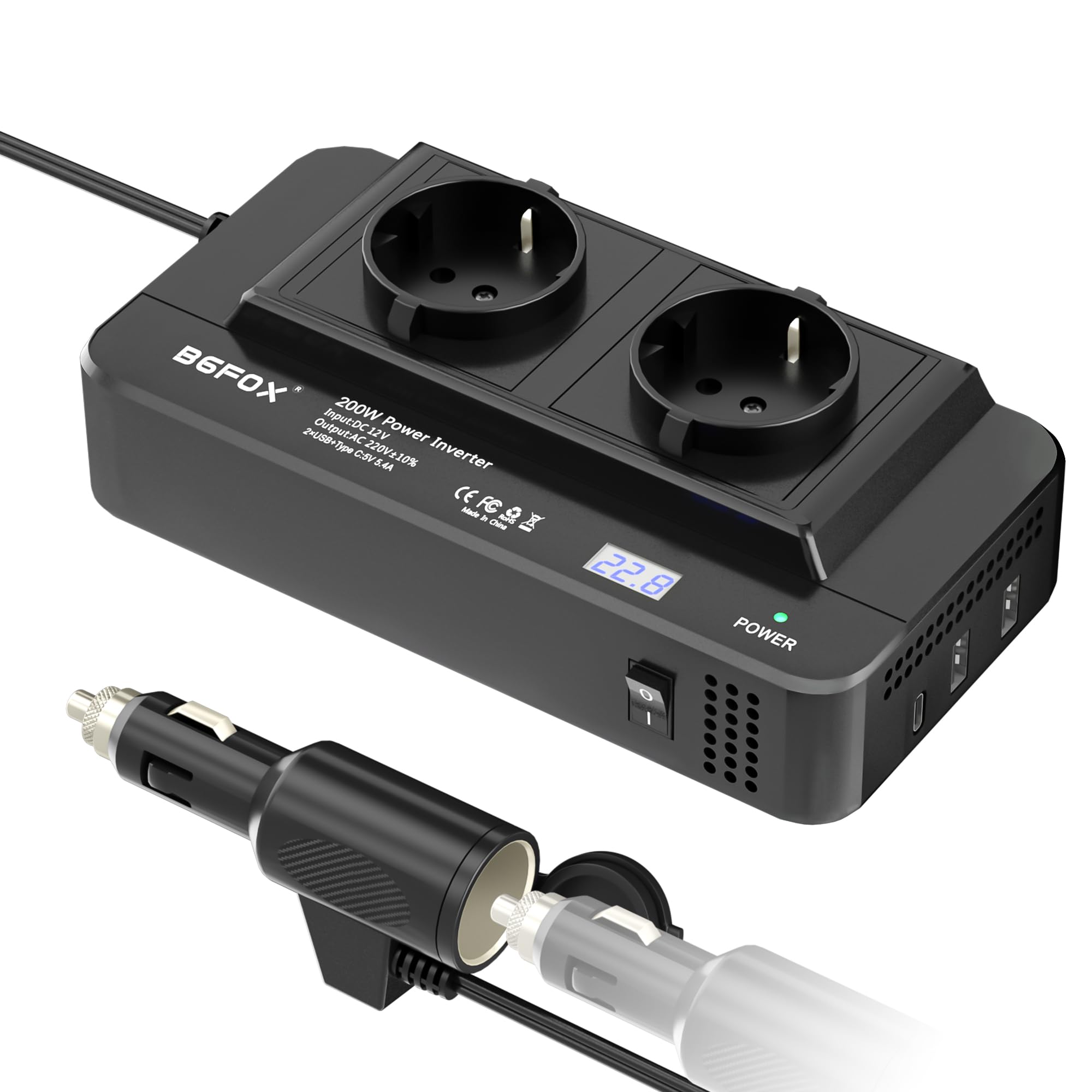 200W Wechselrichter 12V auf 230V Auto Spannungswandler, Stromwandler mit 2 Auto Steckdose/Type-C & 2 USB Anschlüsse und Zigarettenanzünder Verteiler für Handys, für Laptop, iPad, DashCam