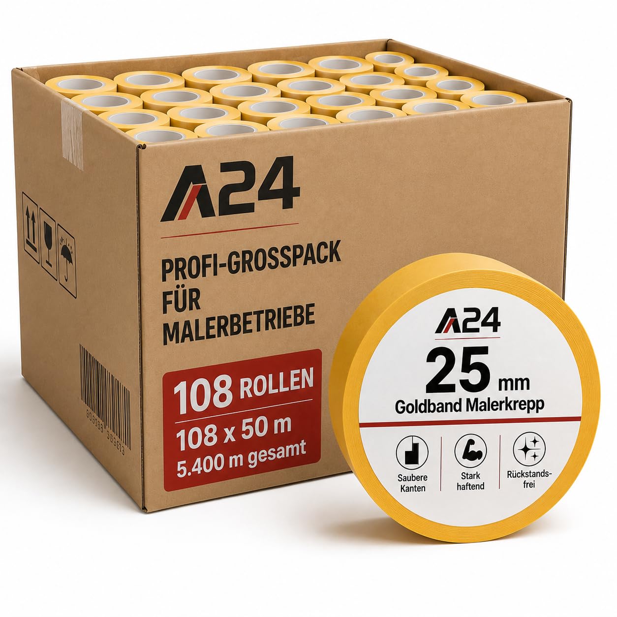 A24 Goldband Malerkrepp 25mm x 50m – Washi Tape Kreppband 108 Rollen | Gewerbekarton, Abklebeband für saubere Farbkanten, Malerklebeband, Abdeckband Innenbereich