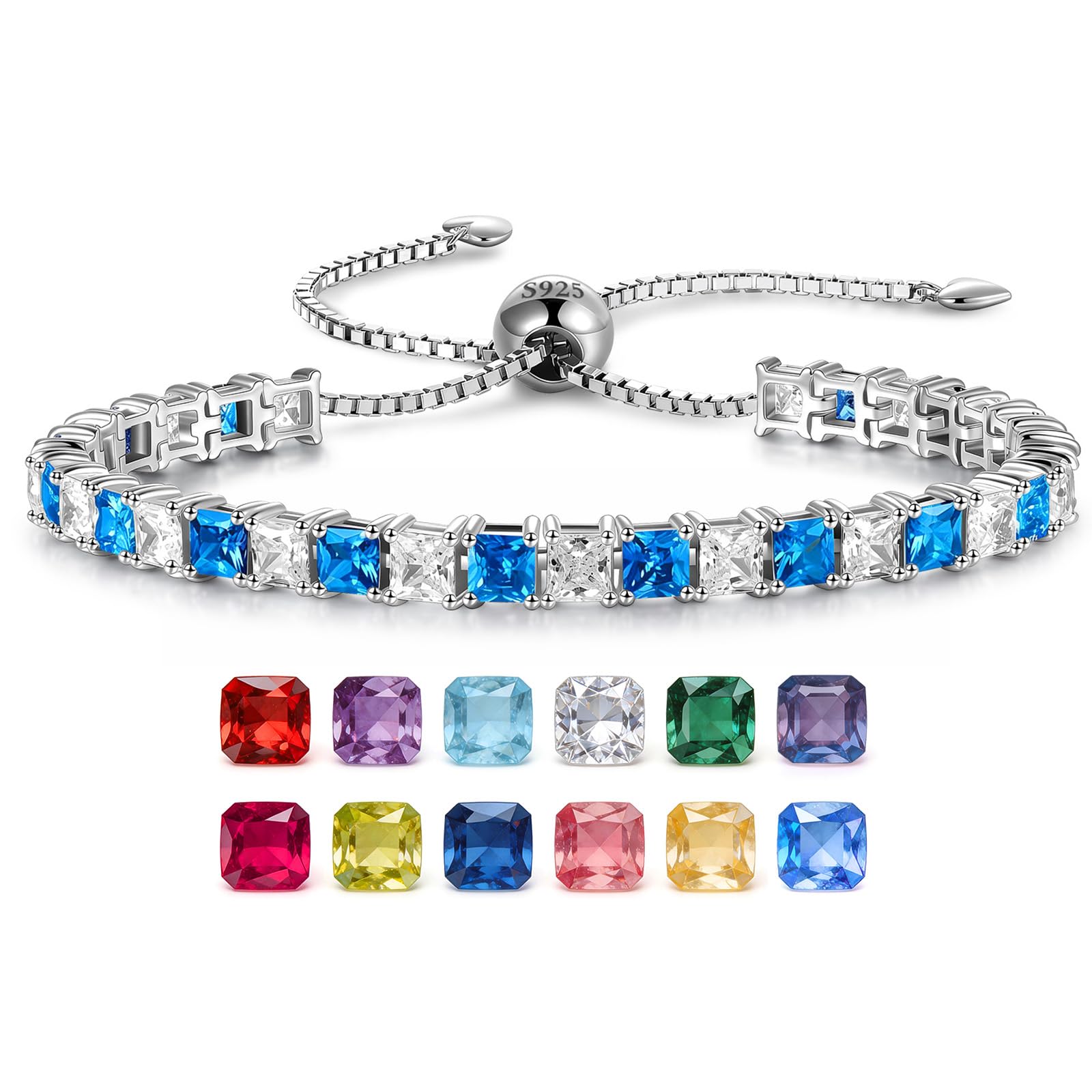 Adjustable Birthstone Tennis Bracelet for Women, White Gold Plated Sterling Silver, 4mm Princess Cut 6-9in Slider Bolo Bracelet, Anniversary Birthday Gift for Friend Wife Mom Her