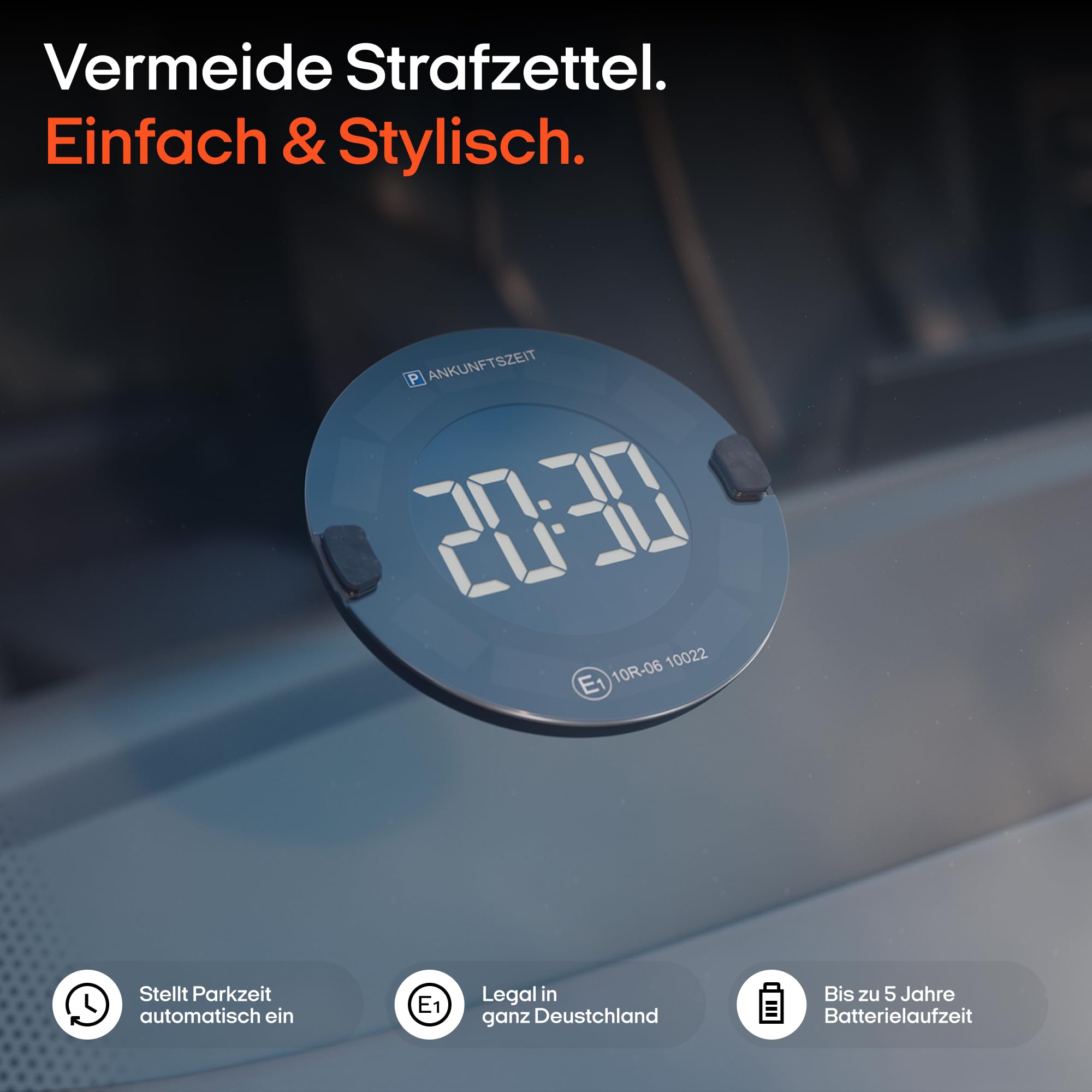 OOONO P-DISC 3 - Elektronische Parkscheibe Solar mit Zulassung fürs Auto - Automatische Digitale Parkscheibe Elektrisch - Solarbetriebene Parkuhr mit bis zu 5 Jahre längerer Batterielaufzeit