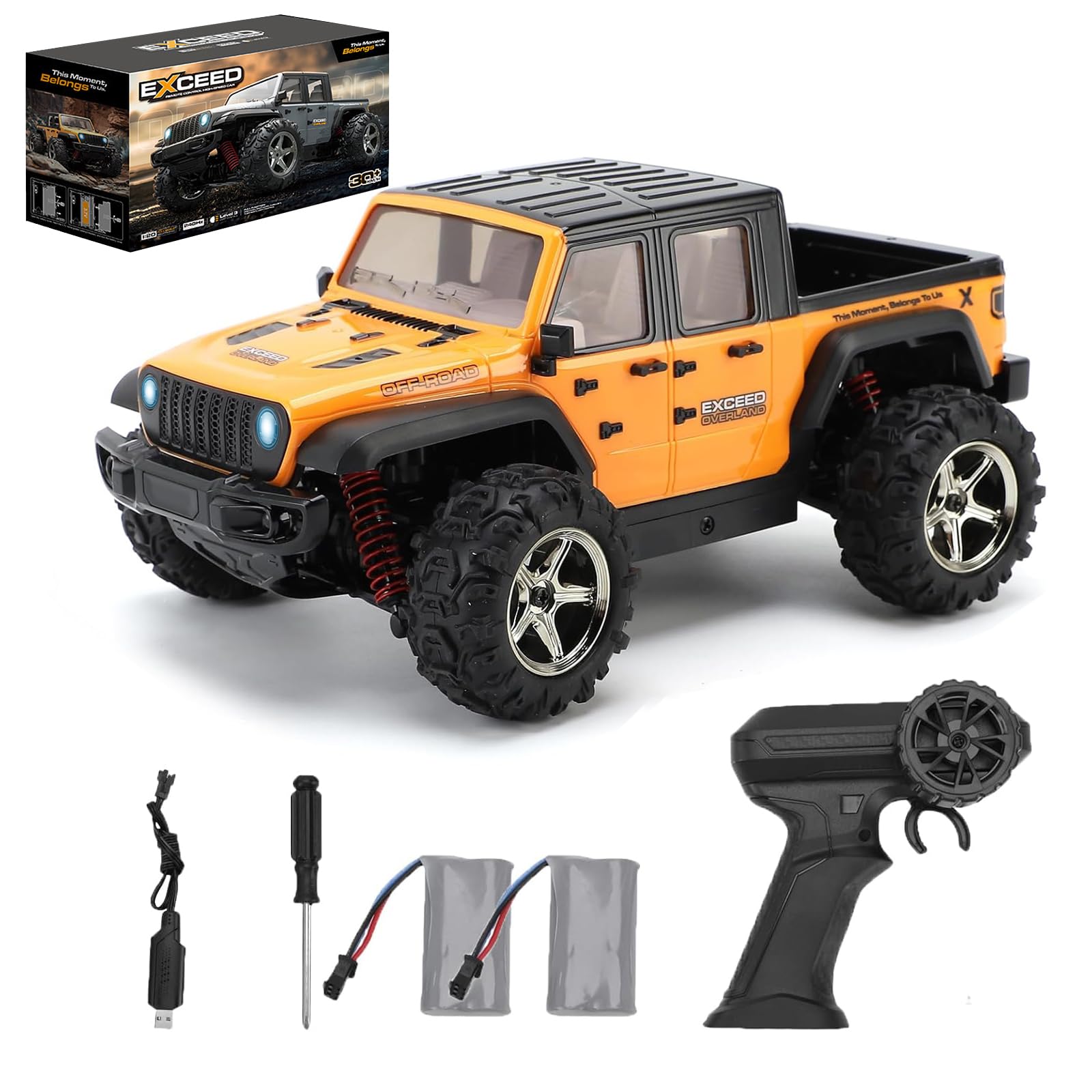Hylukon Remote Control Car, 2.4GHz High Speed 35KPH Crawler Toy, 1:20 Scale Electric Off Road Vehicle with LED Headlights, Hobby RC Truck Toy for Adults (2 Batteries)